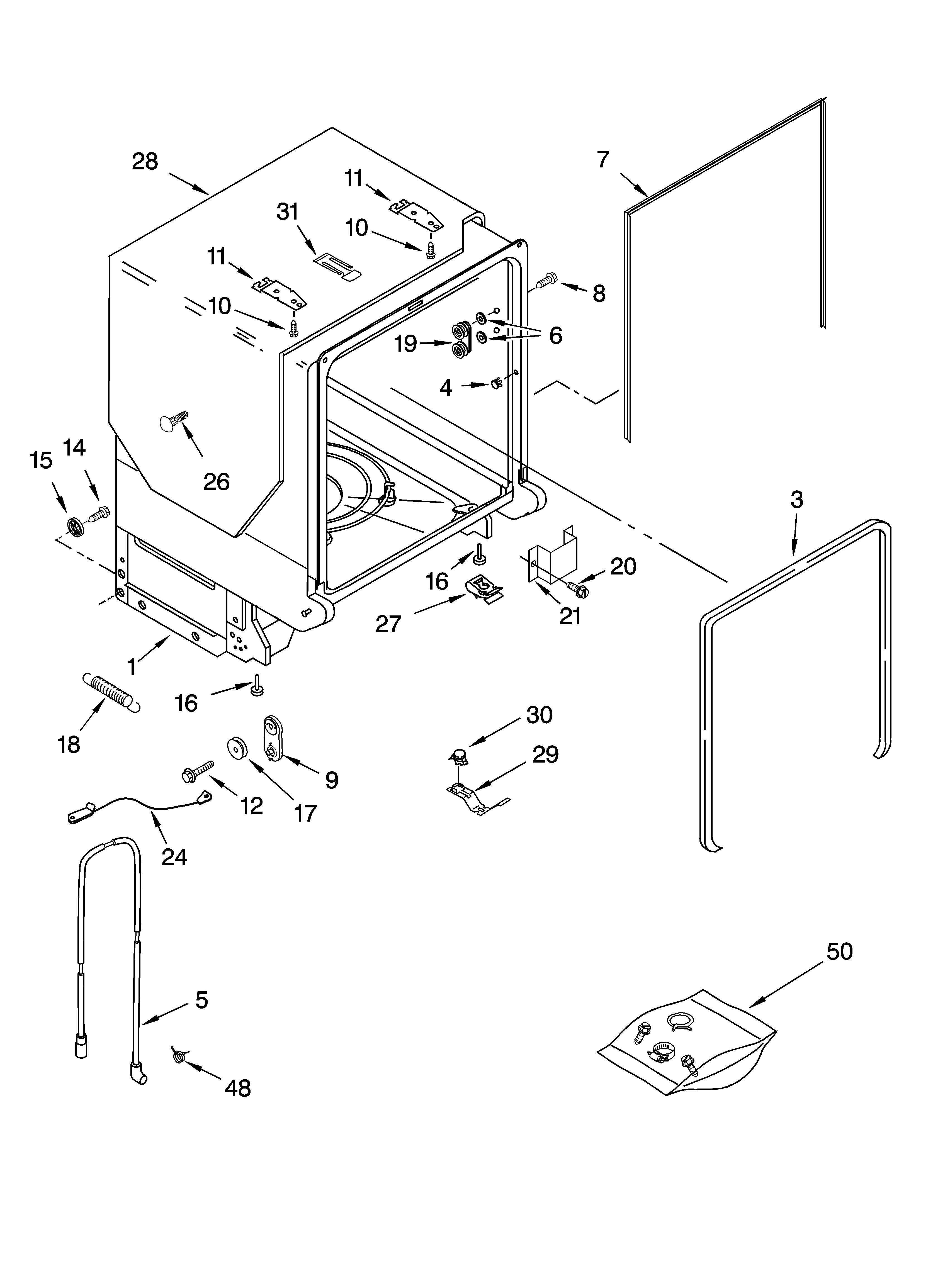 KitchenAid KUDL01ILBS5 tub and frame parts diagram