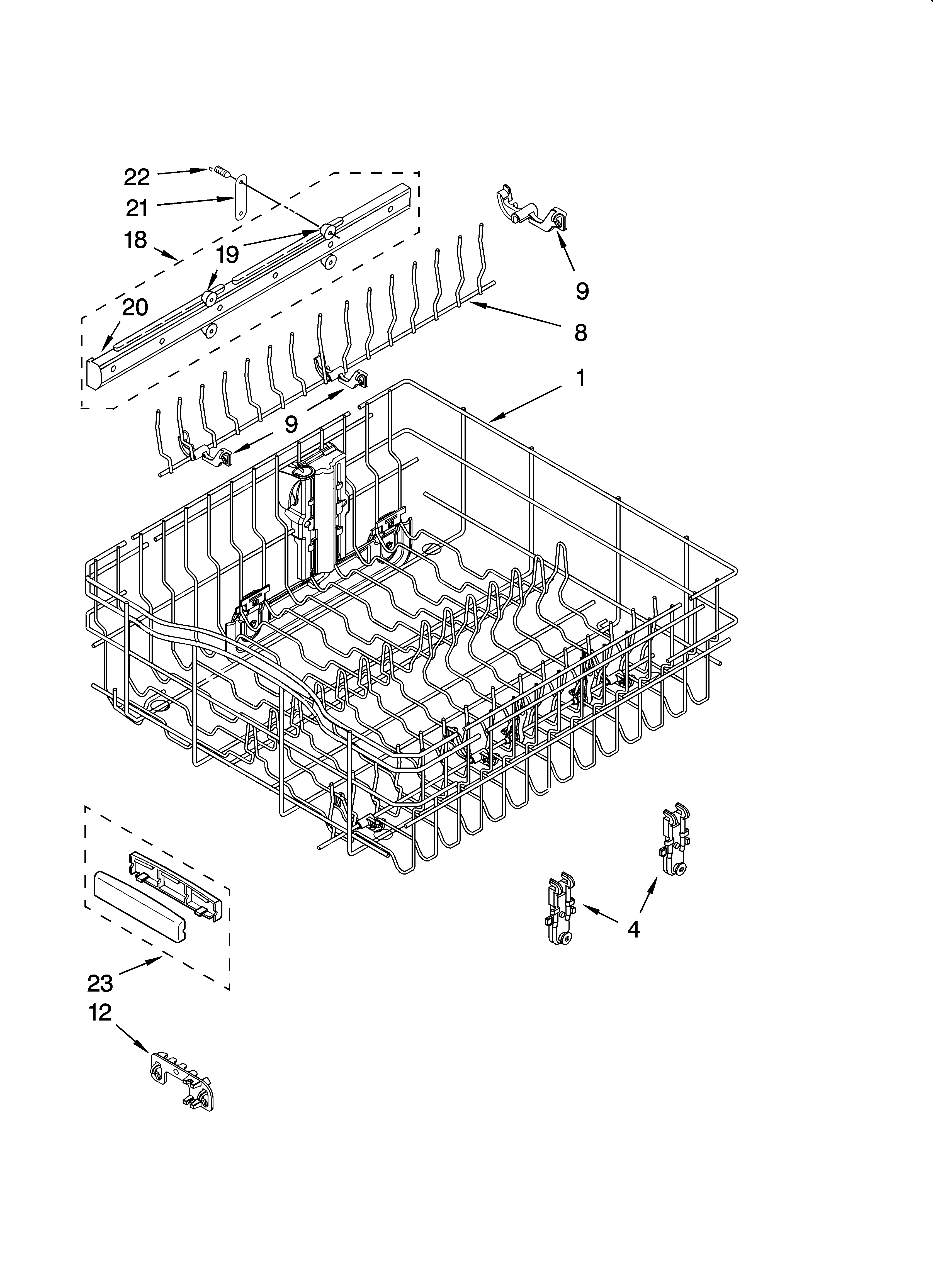 KitchenAid KUDM01FKSS0 upper rack and track parts diagram
