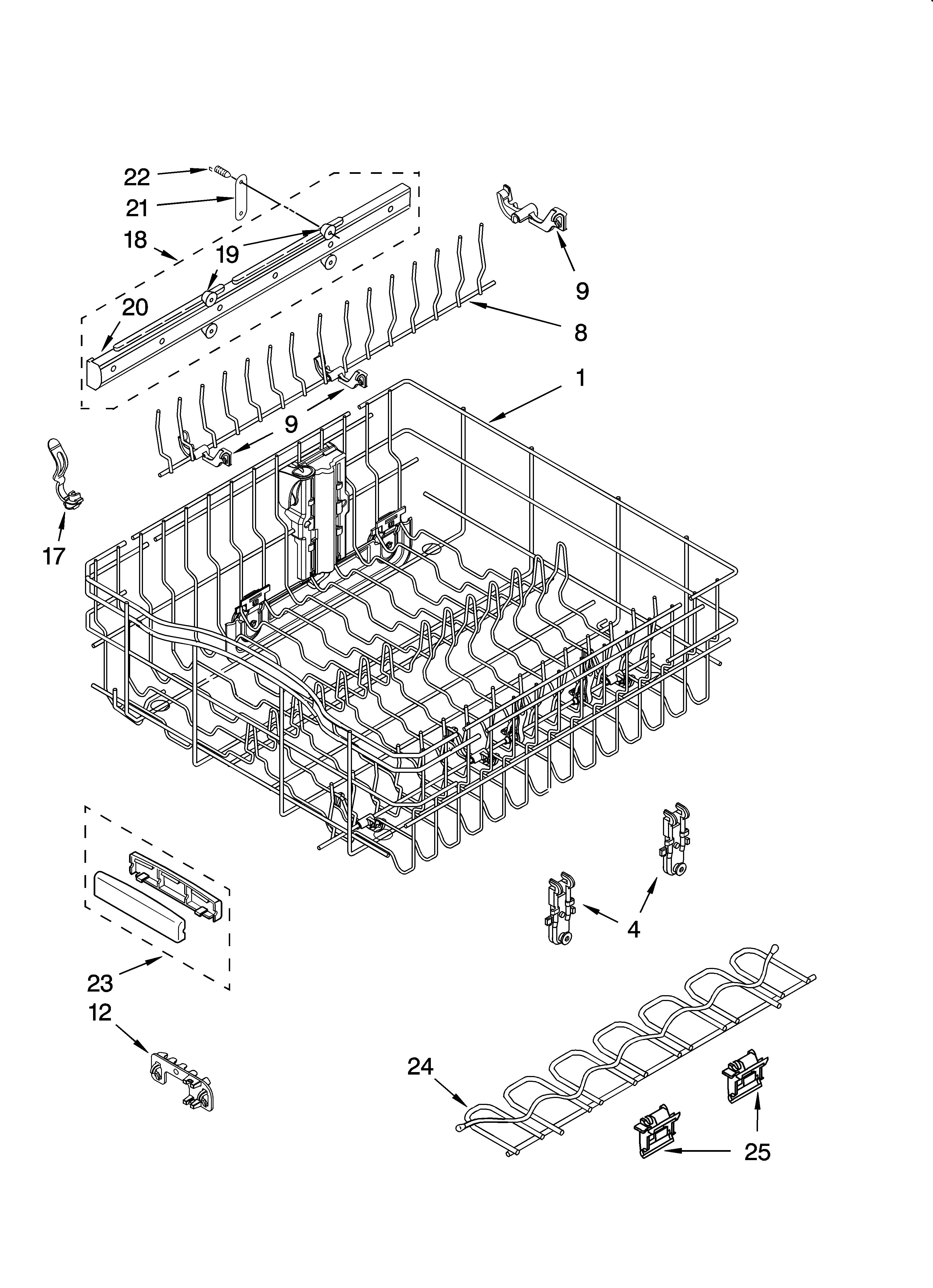 KitchenAid KUDP01DLWH1 upper rack and track parts diagram