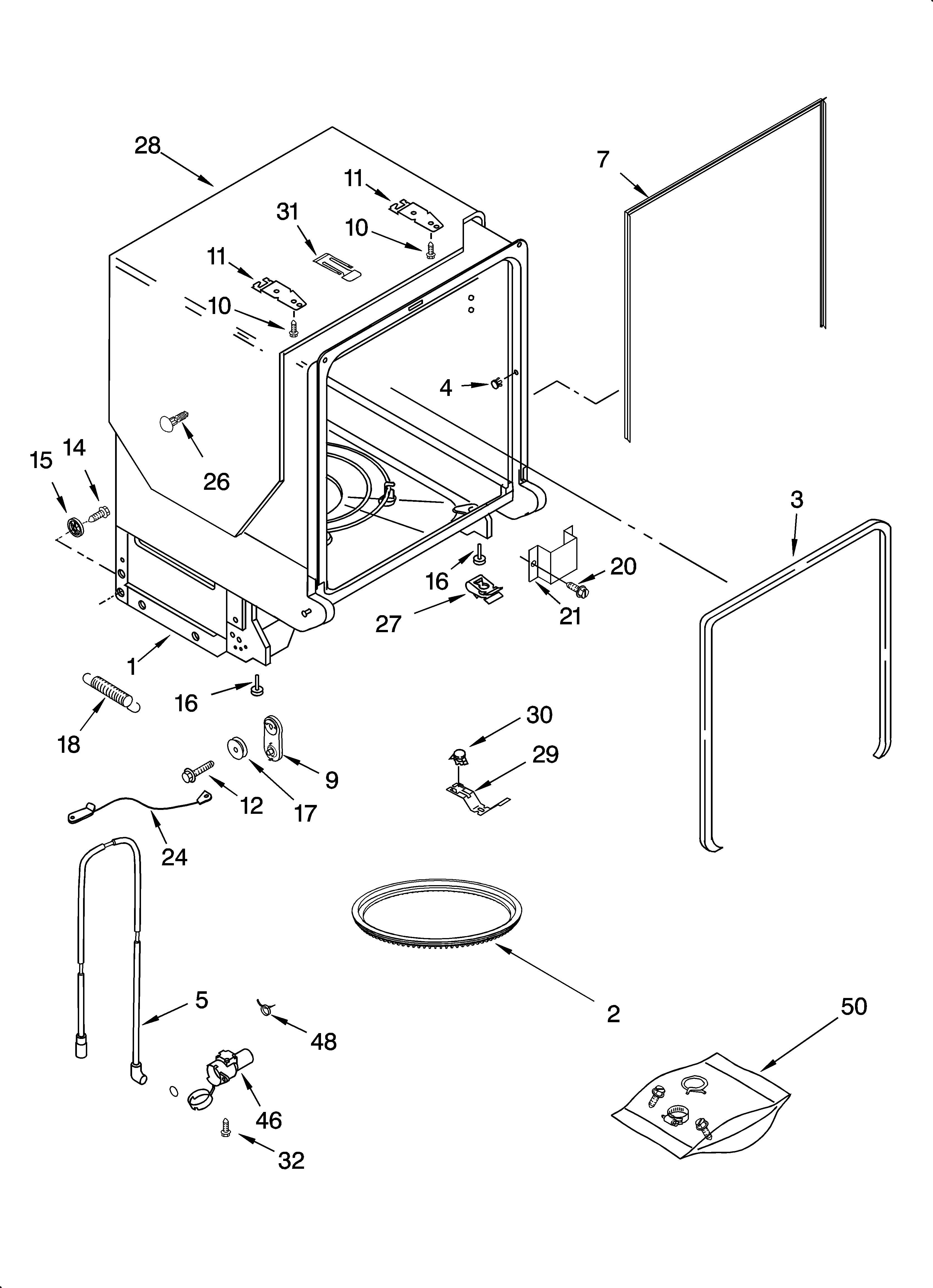 KitchenAid KUDP01DLWH5 tub and frame parts diagram