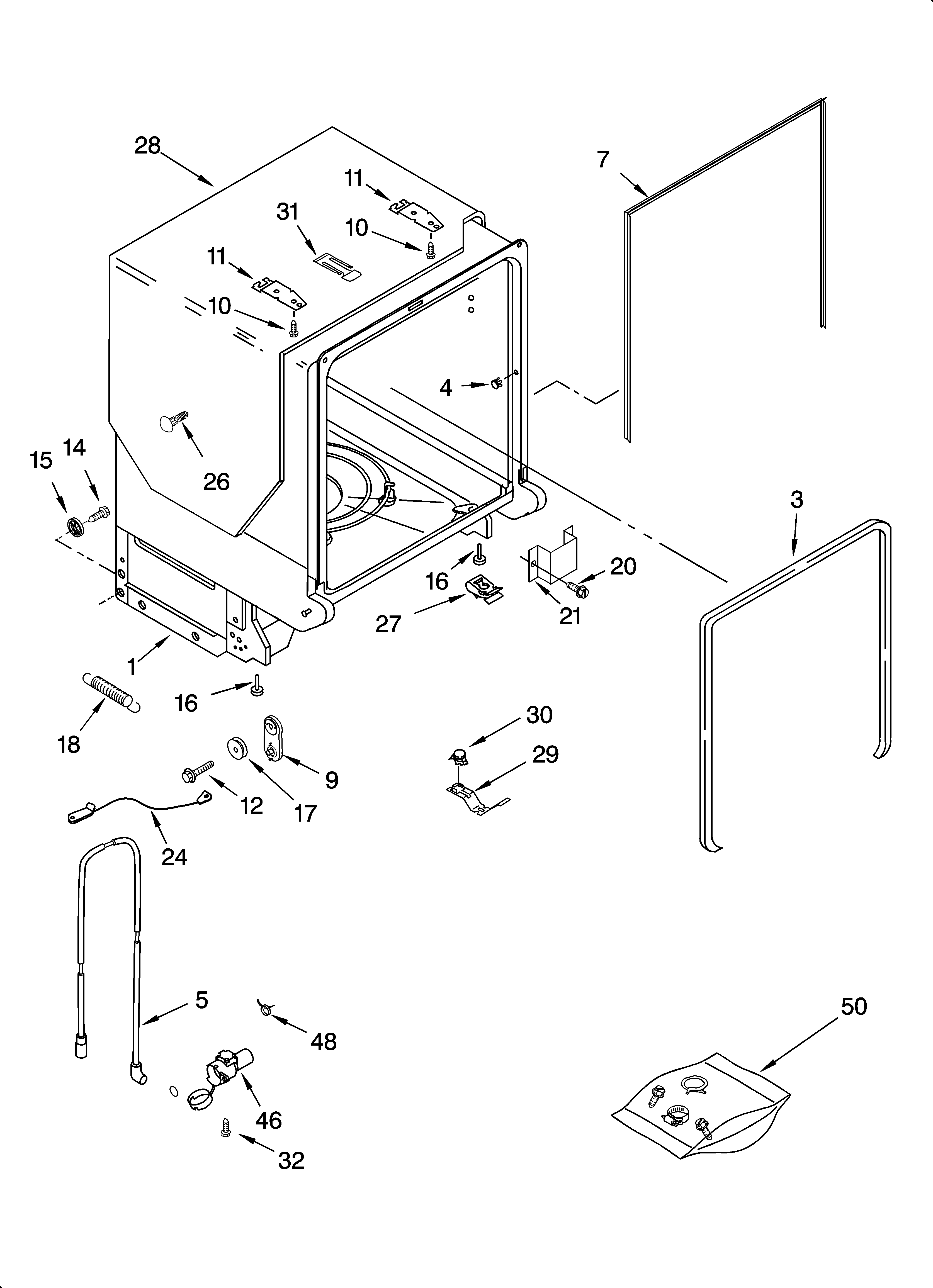KitchenAid KUDP01DLWH6 tub and frame parts diagram