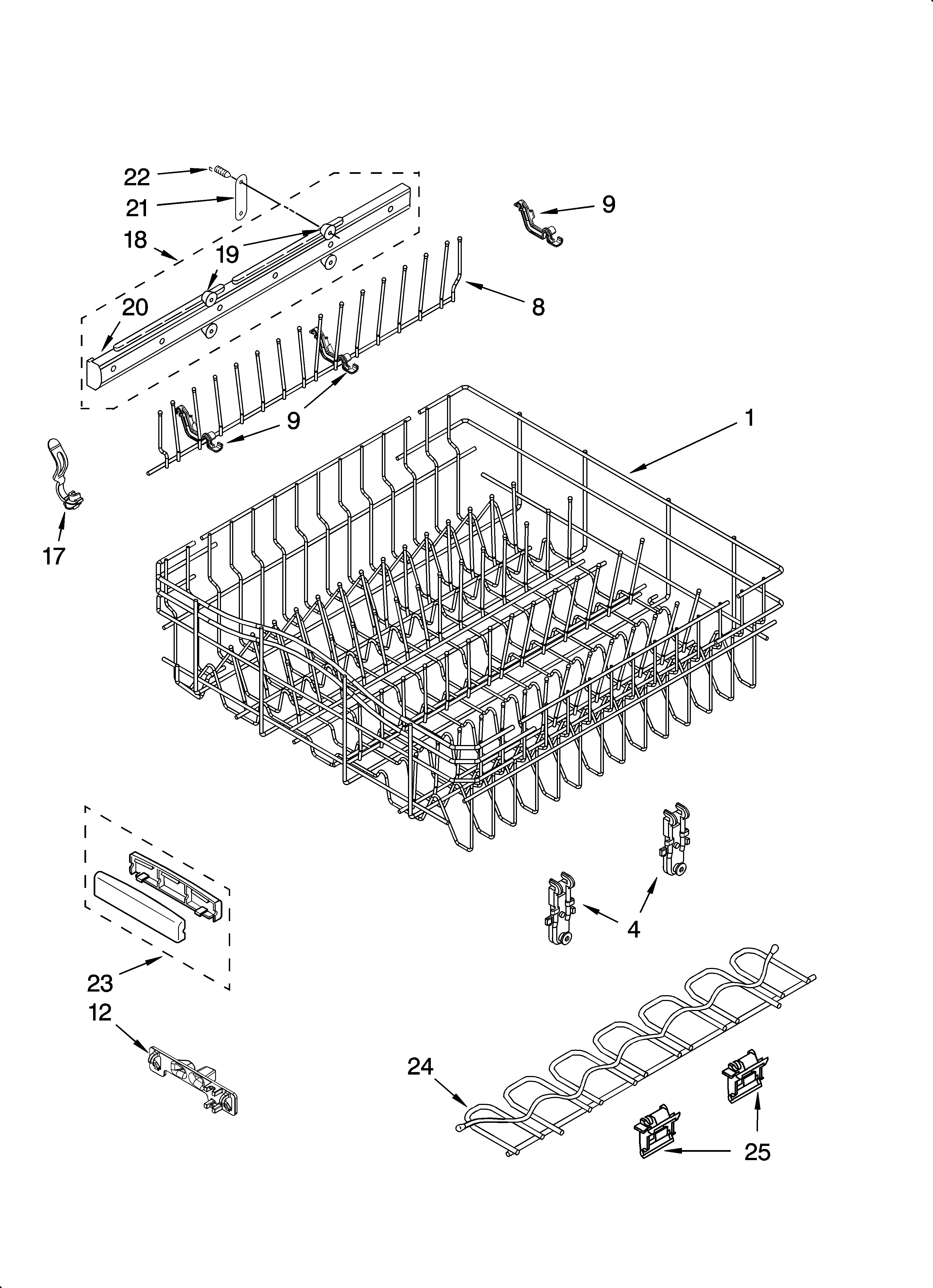 KitchenAid KUDP01DLWH6 upper rack and track parts diagram