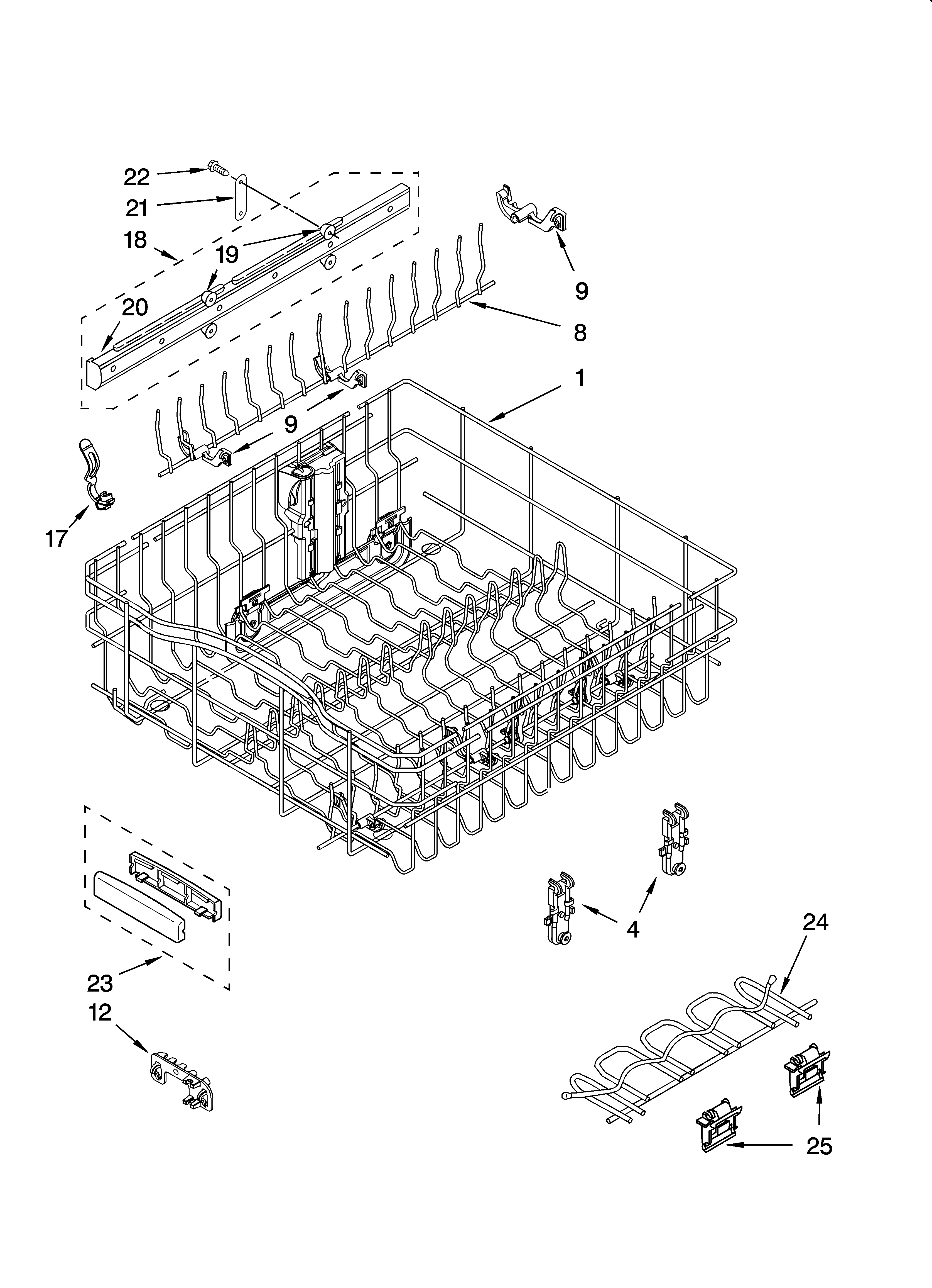 KitchenAid KUDP01FLWH0 upper rack and track parts diagram