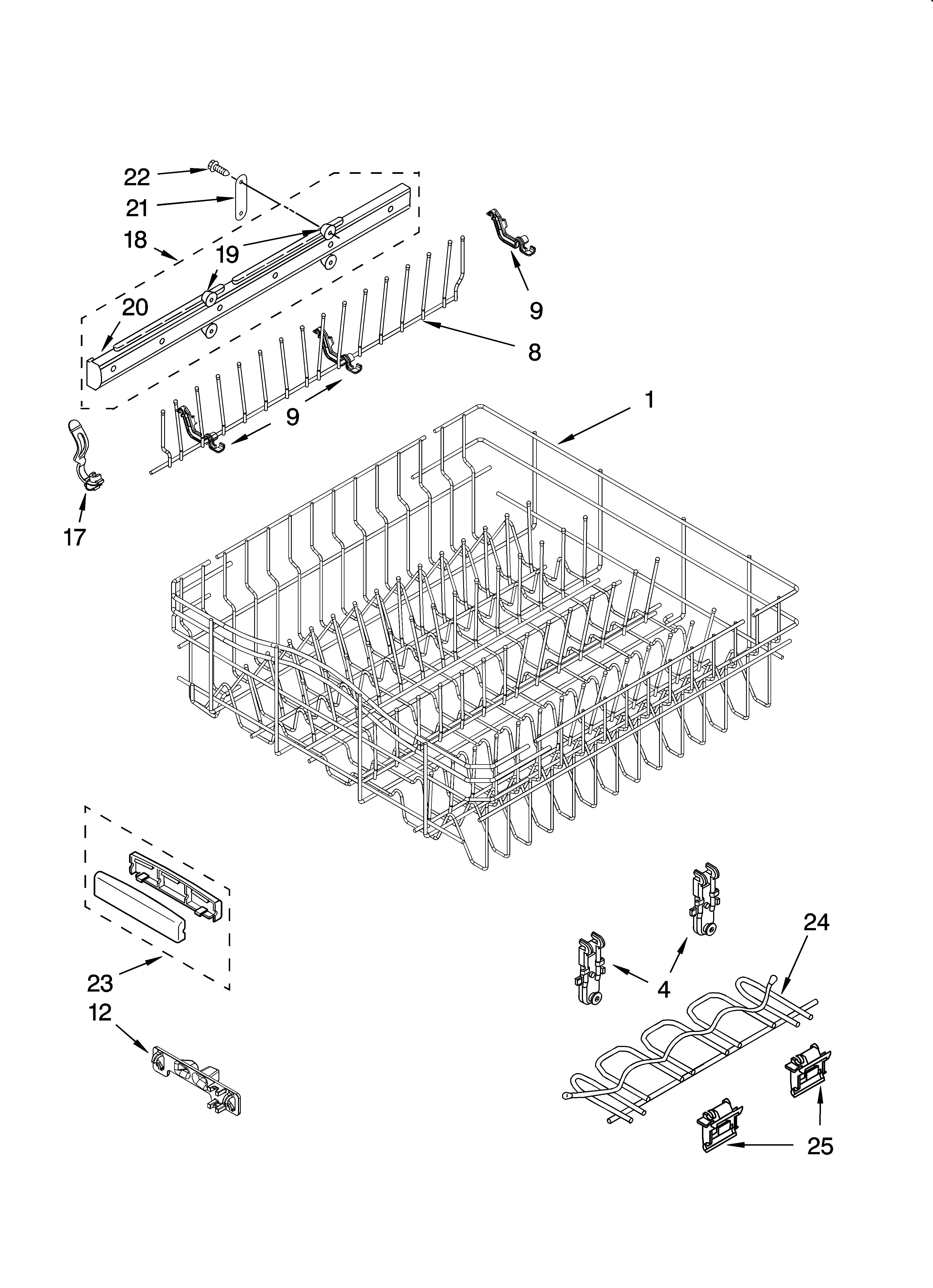 KitchenAid KUDP01FLBT5 upper rack and track parts diagram