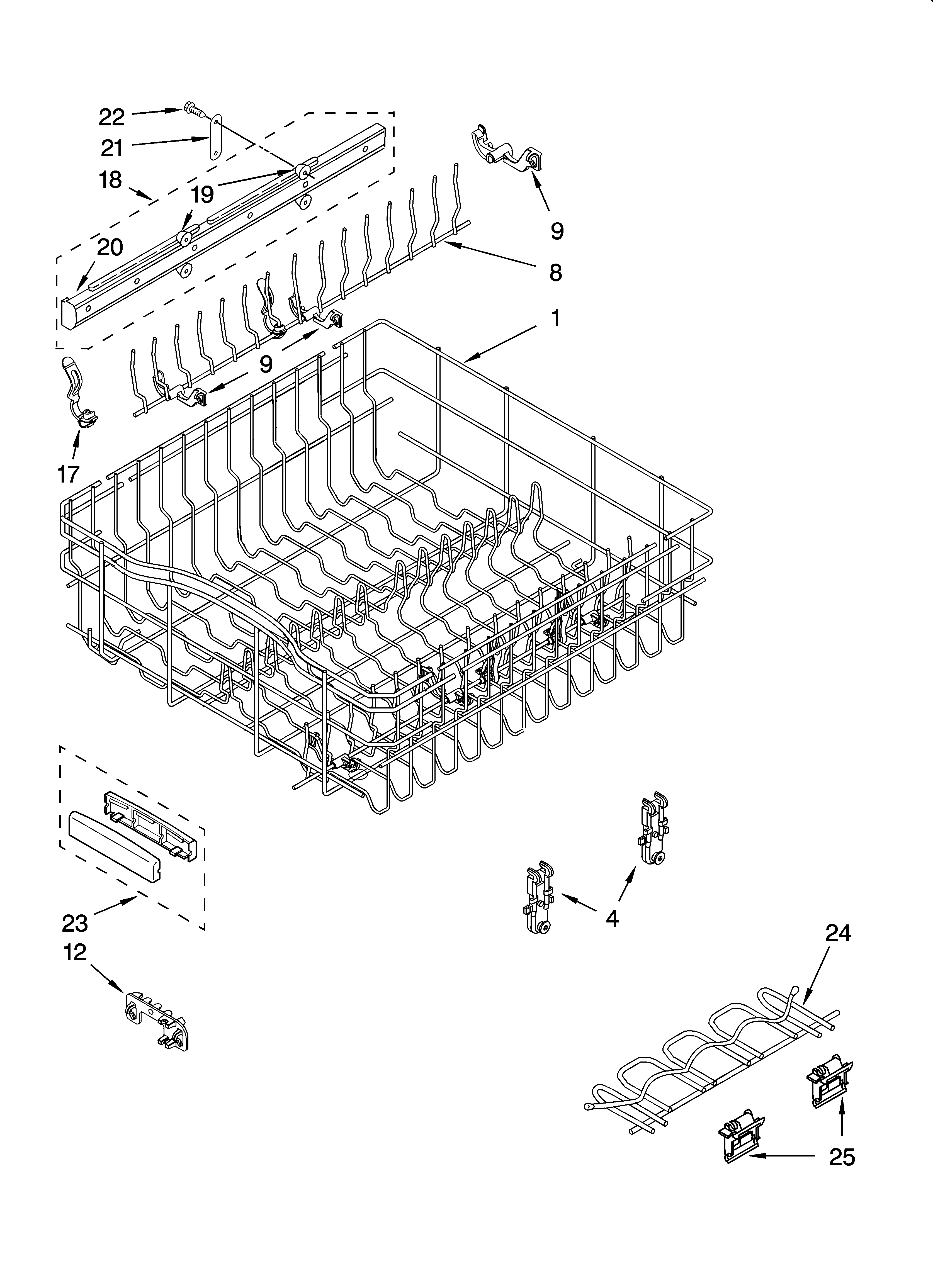 KitchenAid KUDP01ILWH1 upper rack and track parts diagram