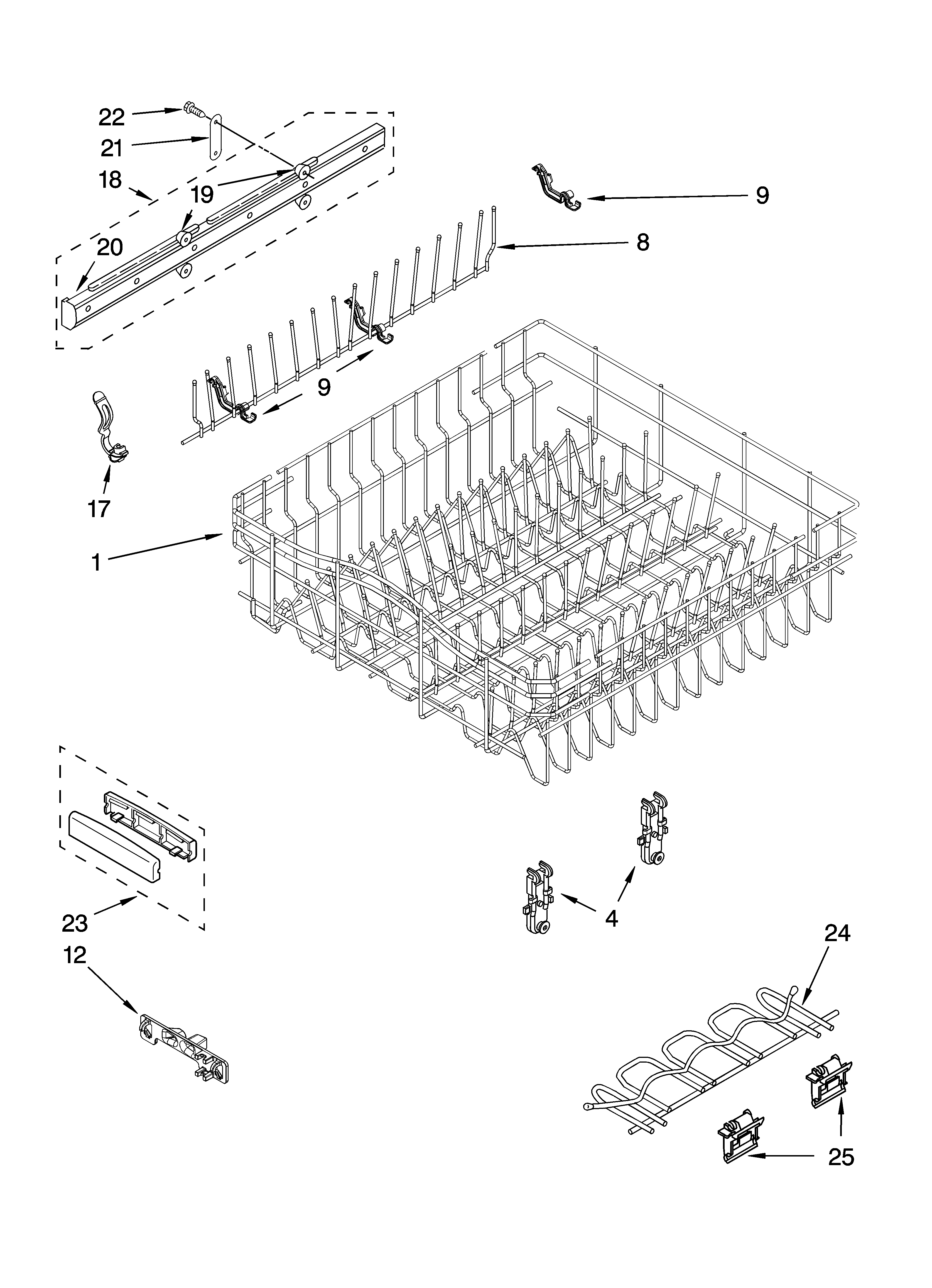 KitchenAid KUDP01ILWH6 upper rack and track parts diagram