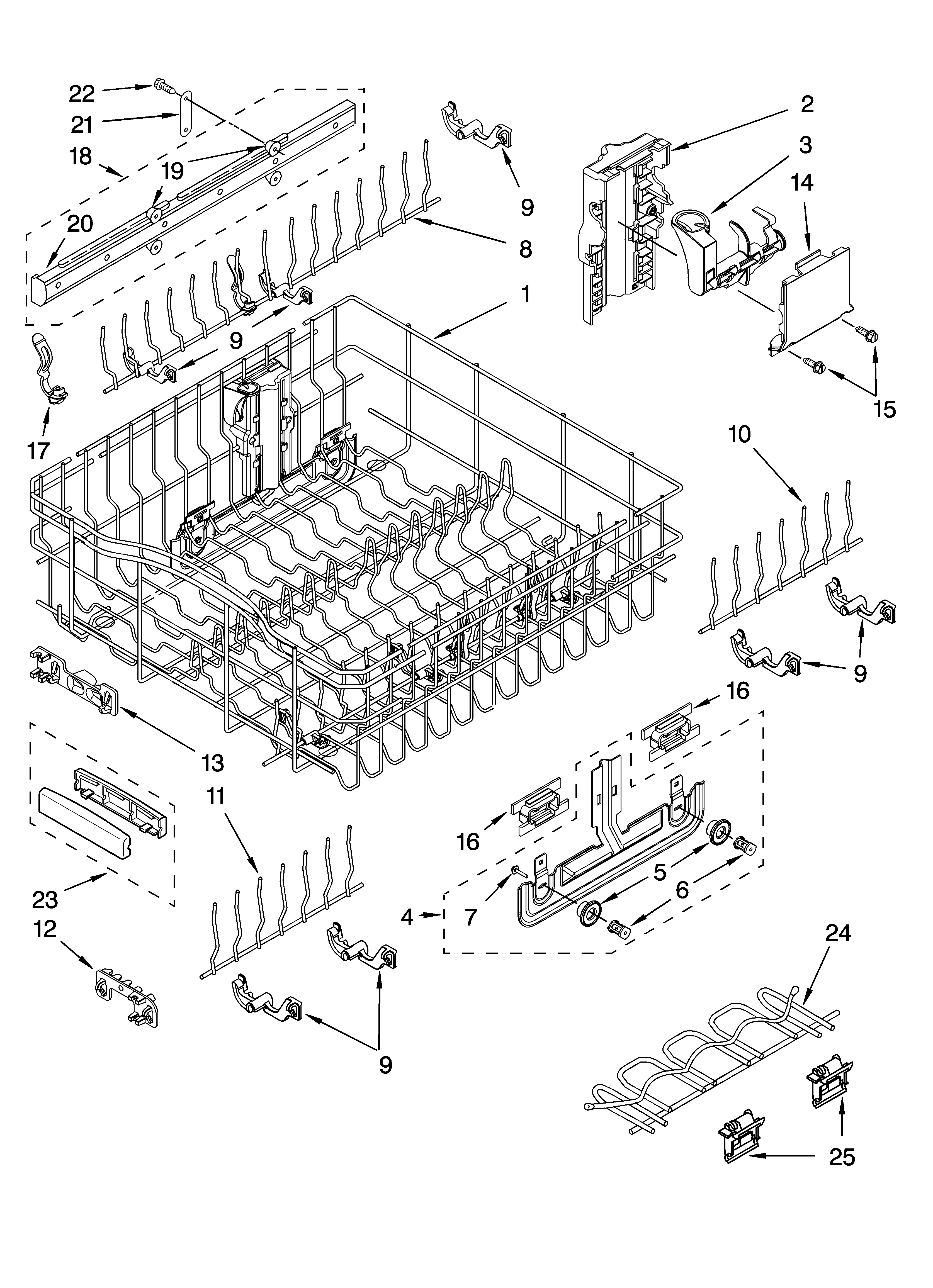 KitchenAid KUDS01DJSP1 upper rack and track parts diagram