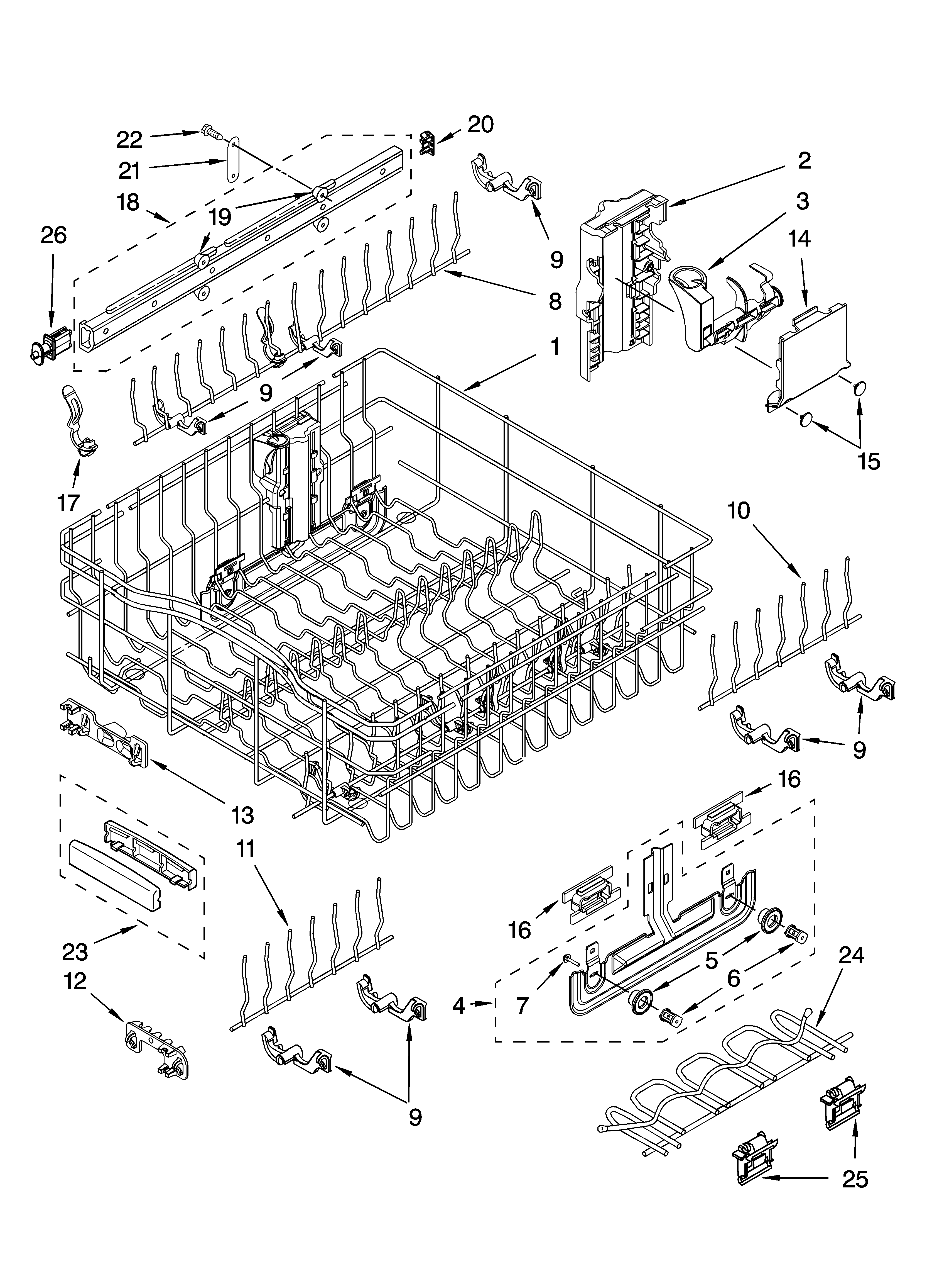 KitchenAid KUDS01DLBL0 upper rack and track parts diagram