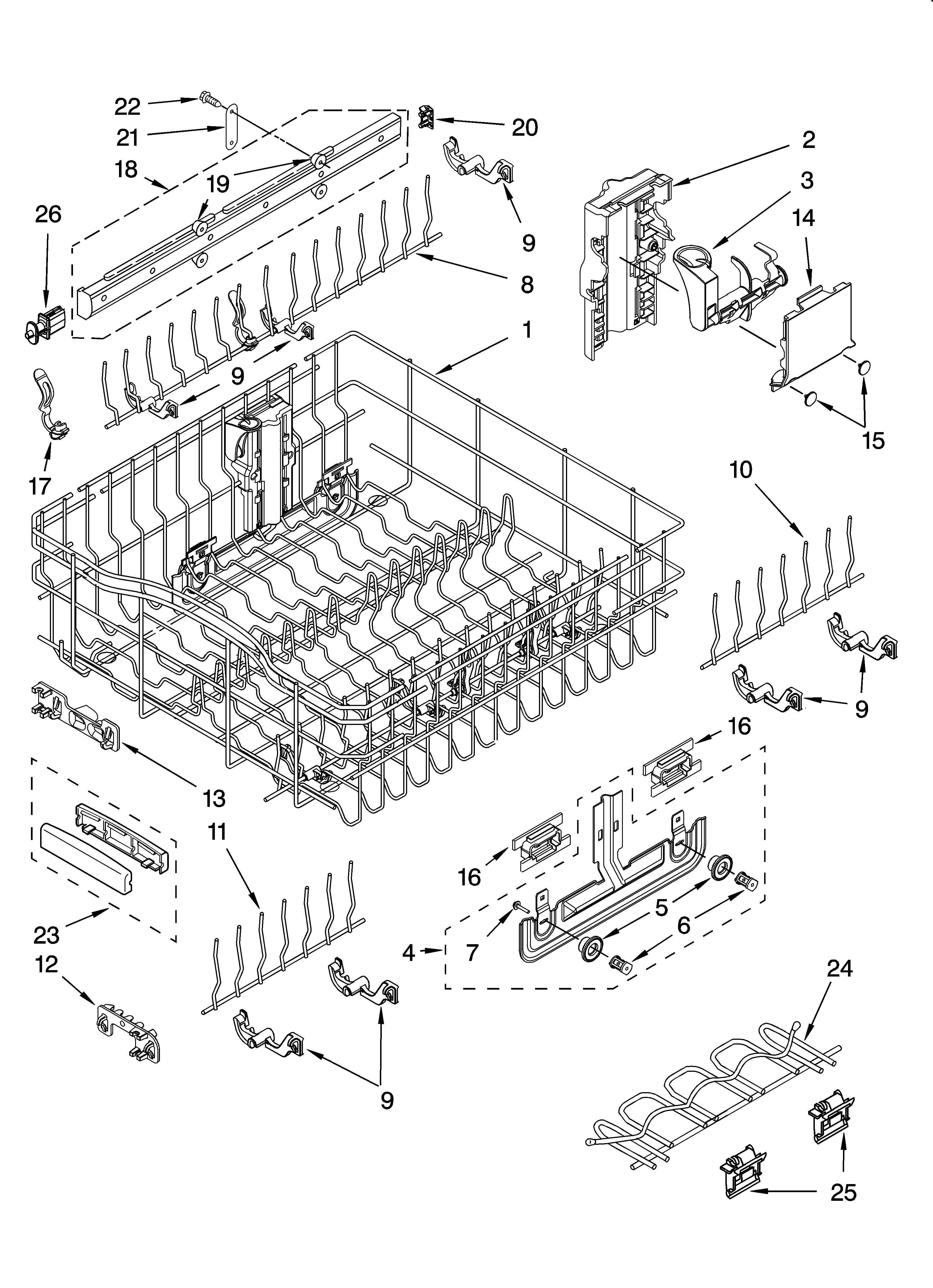 KitchenAid KUDS01DLSS0 upper rack and track parts diagram