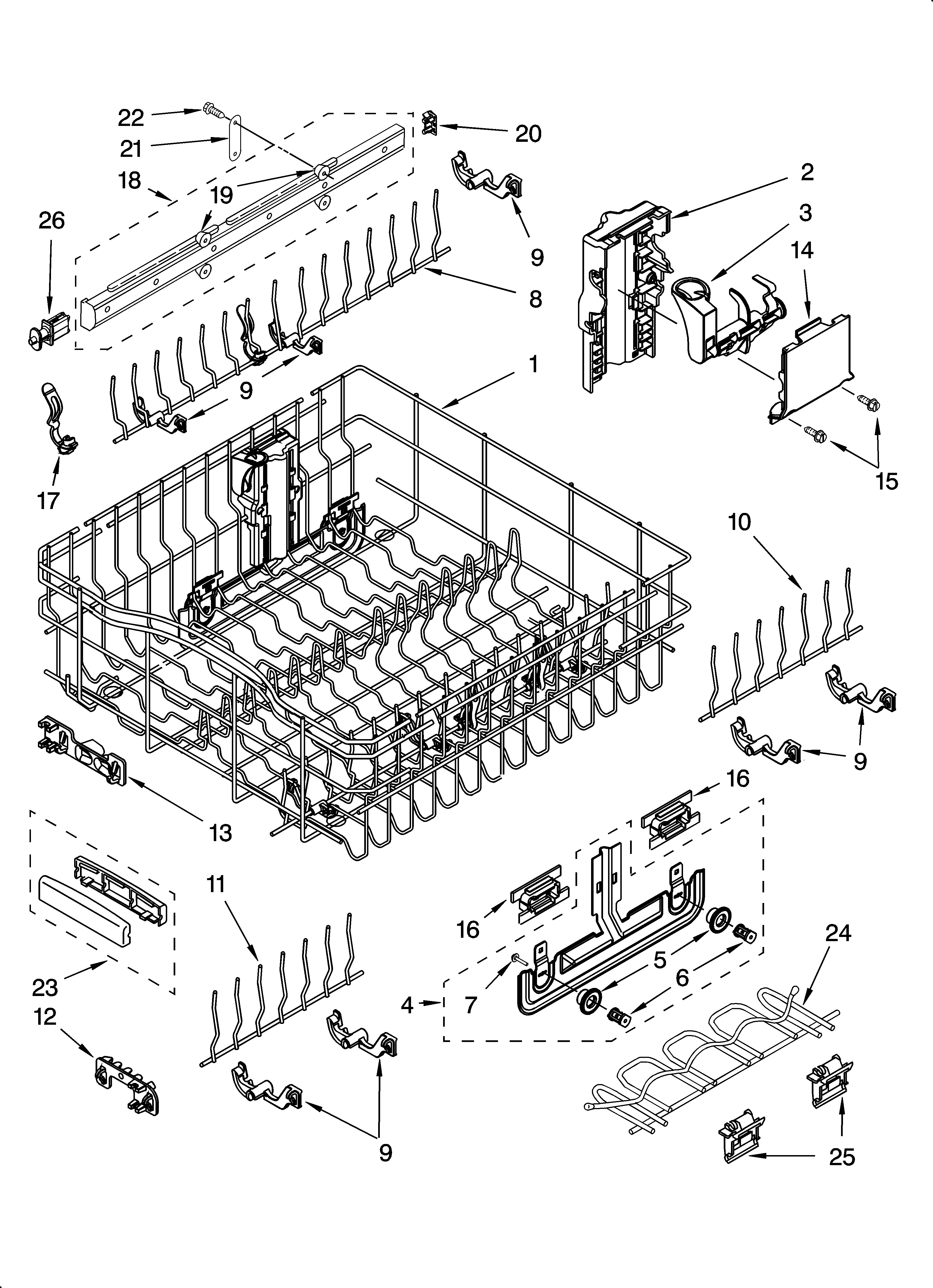 KitchenAid KUDS01ILBT1 upper rack and track parts diagram