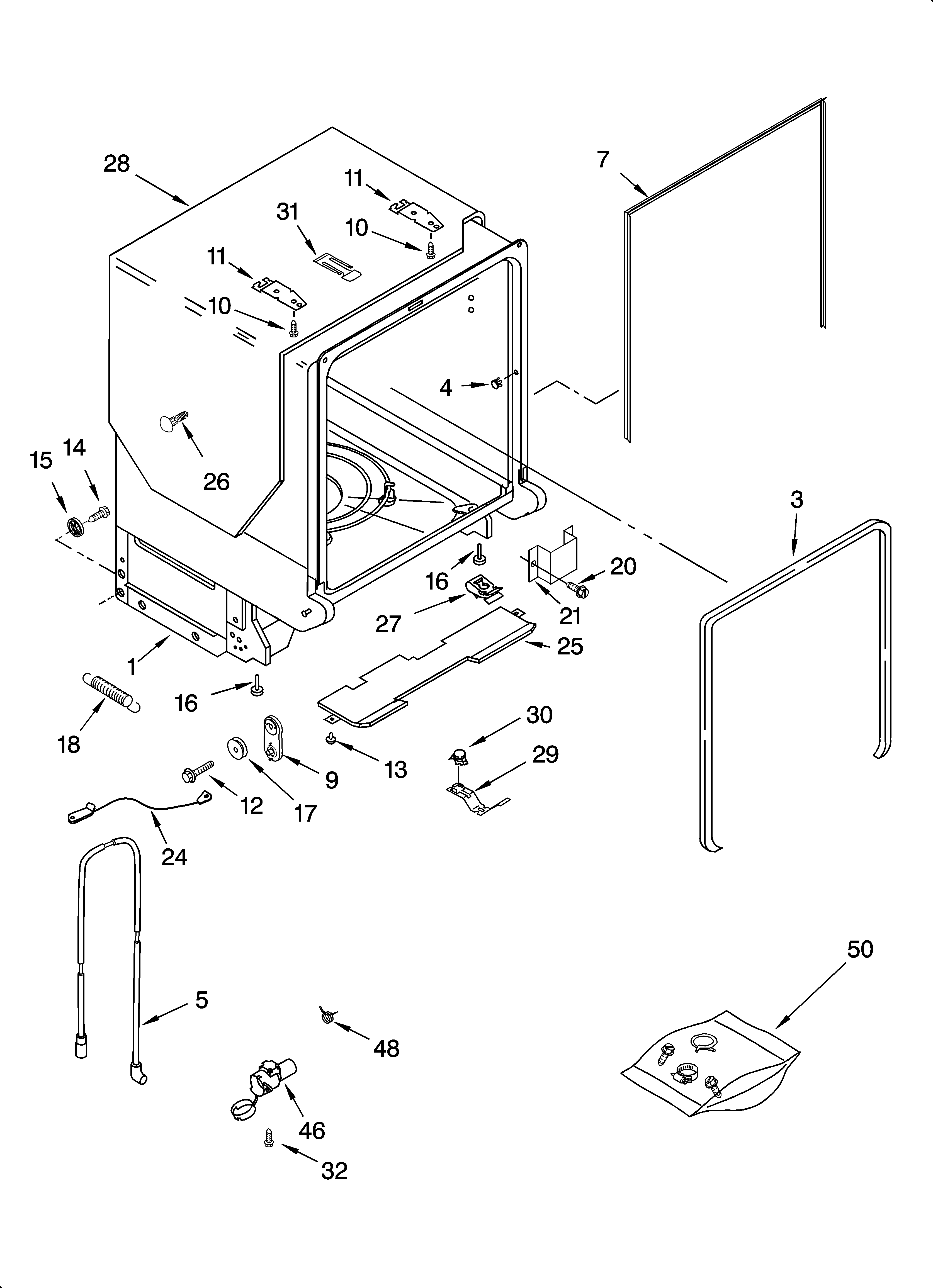 KitchenAid KUDS01ILBL6 tub and frame parts diagram