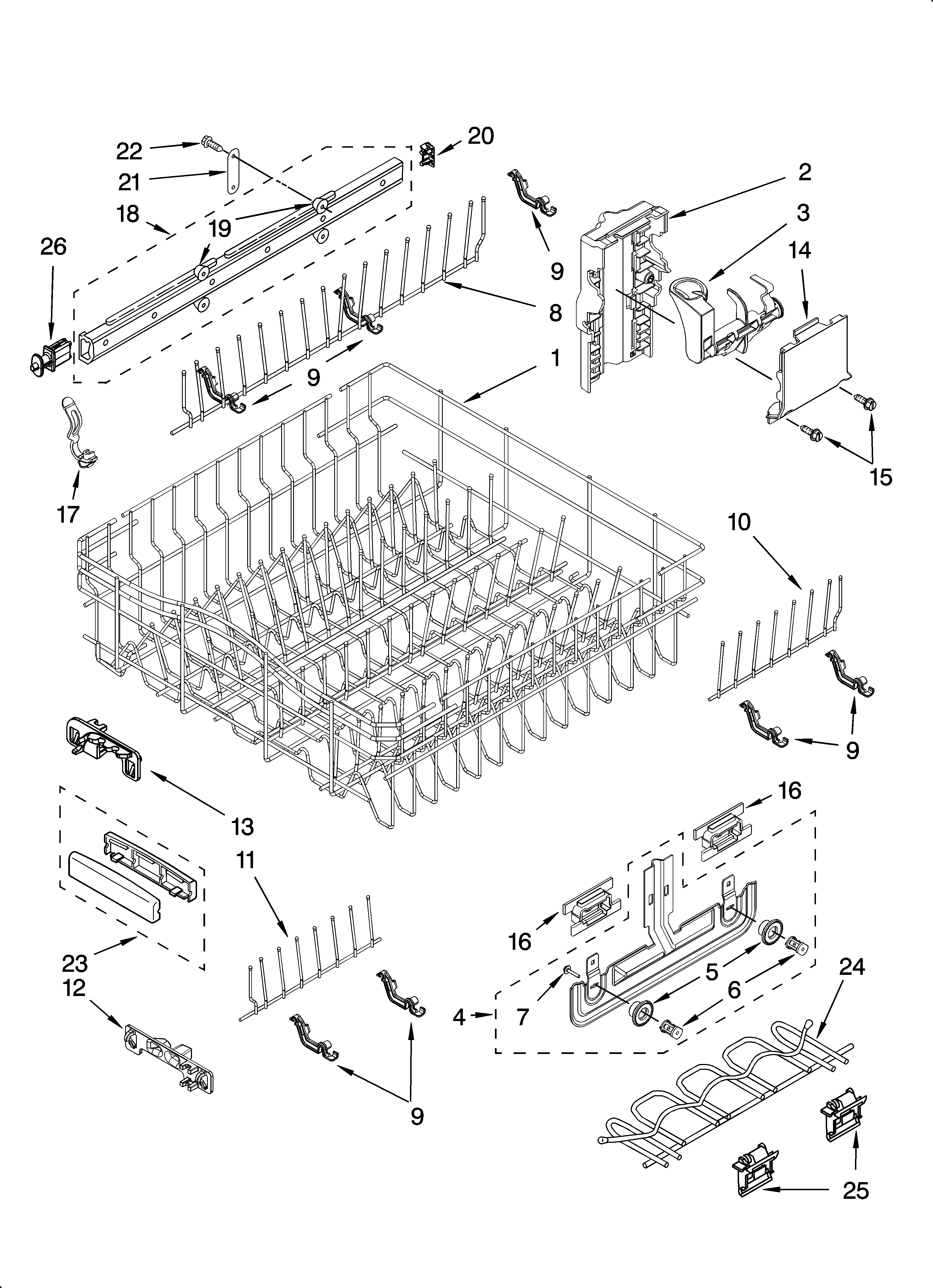 KitchenAid KUDS01ILBL6 upper rack and track parts diagram