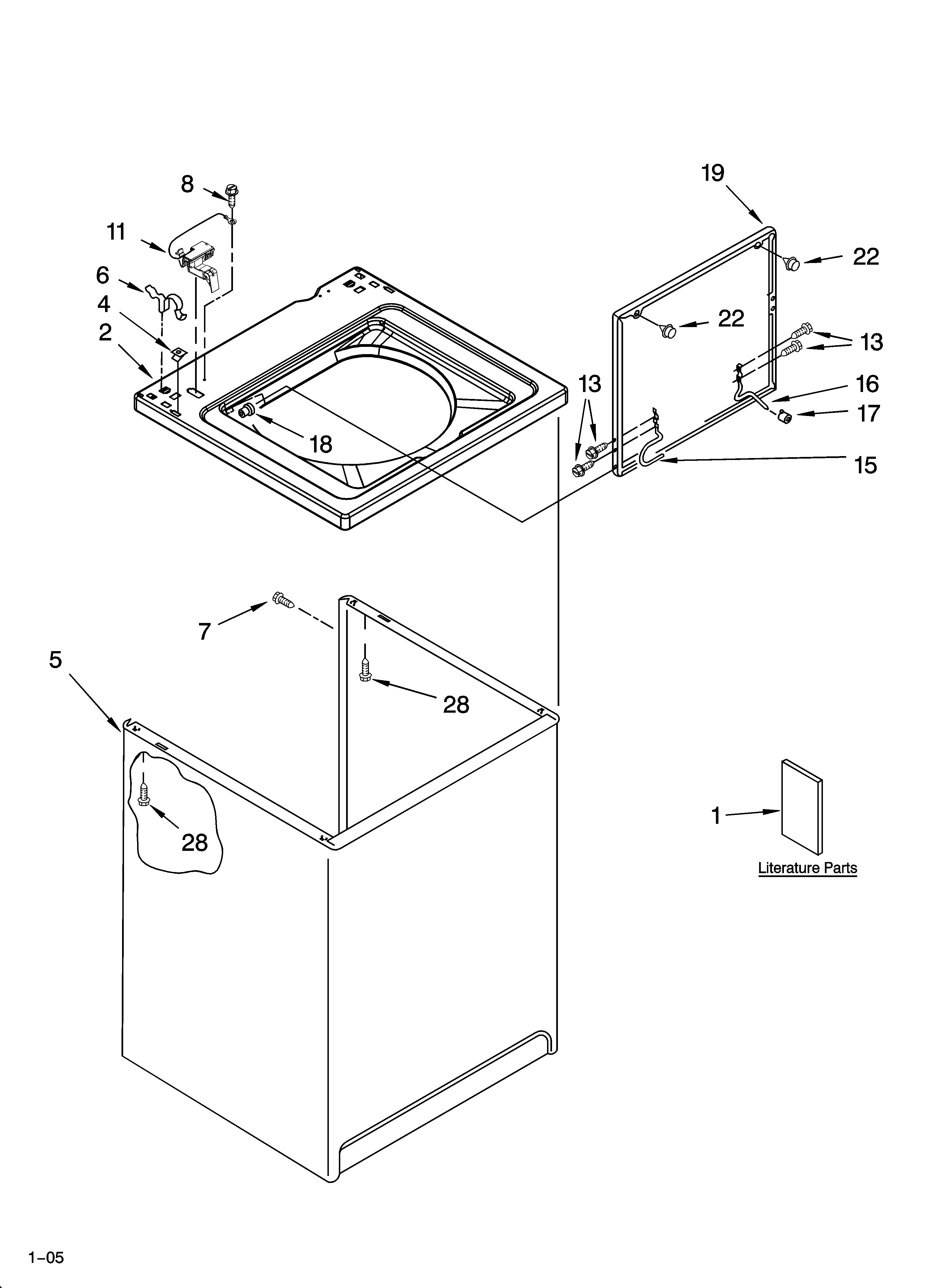 Roper RAB2121PW1 top and cabinet parts diagram