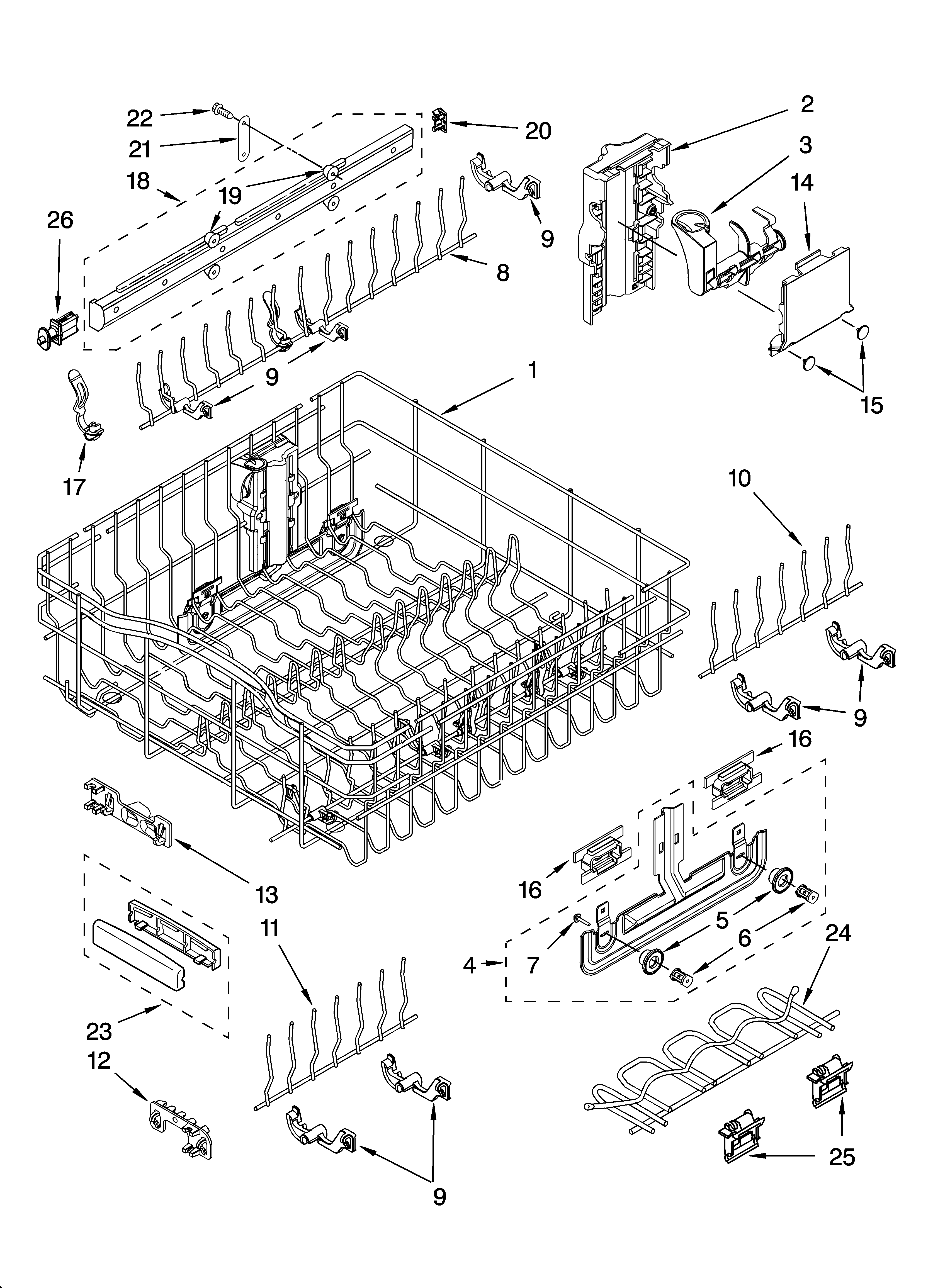 KitchenAid KUDS01VMSS6 upper rack and track parts diagram