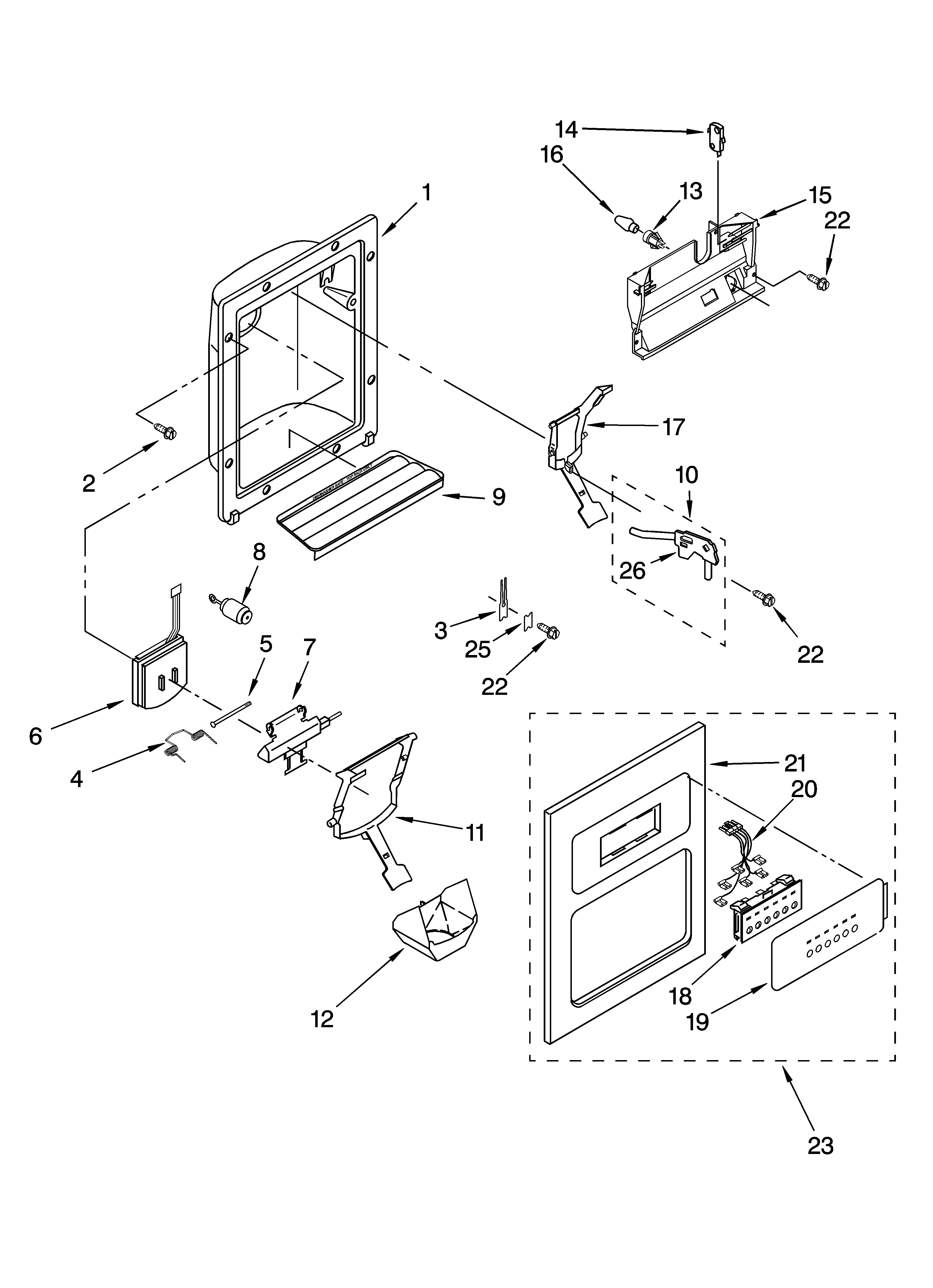 KitchenAid KSRD25FKWH15 dispenser front parts diagram