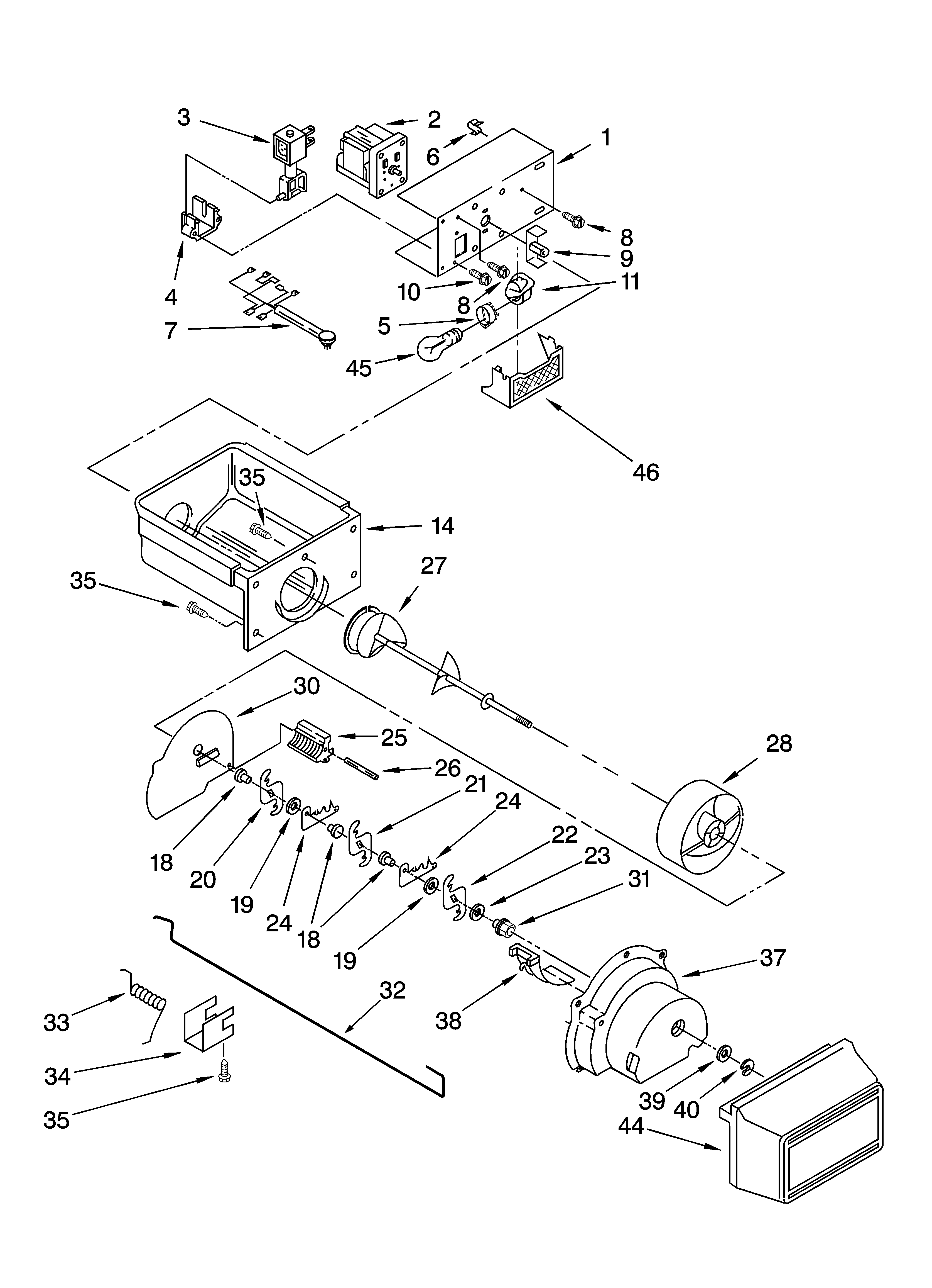 Whirlpool 7ED2GTQXPQ00 motor and ice container parts diagram