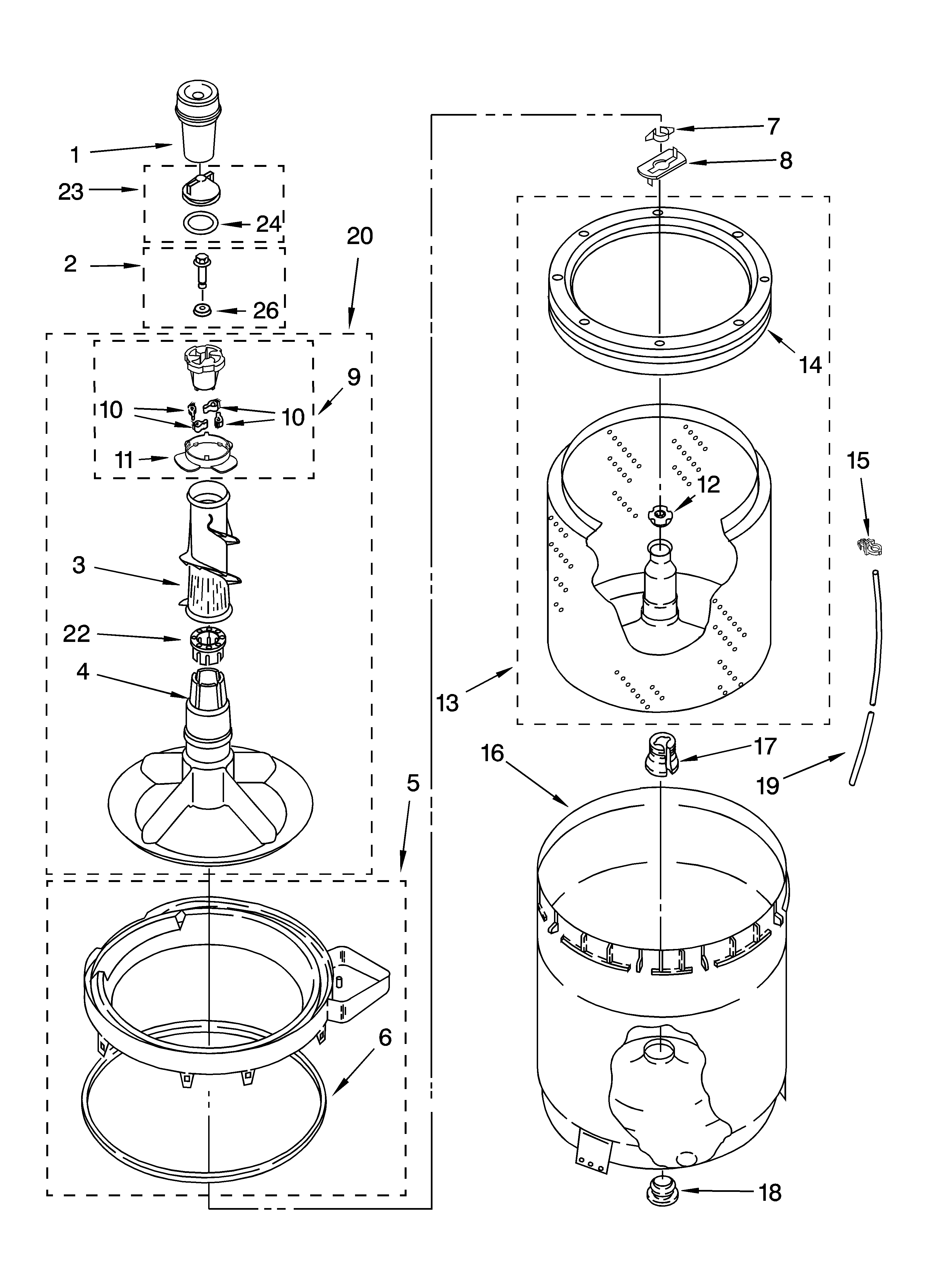 Whirlpool 7MLSR7533PQ0 agitator, basket and tub parts diagram