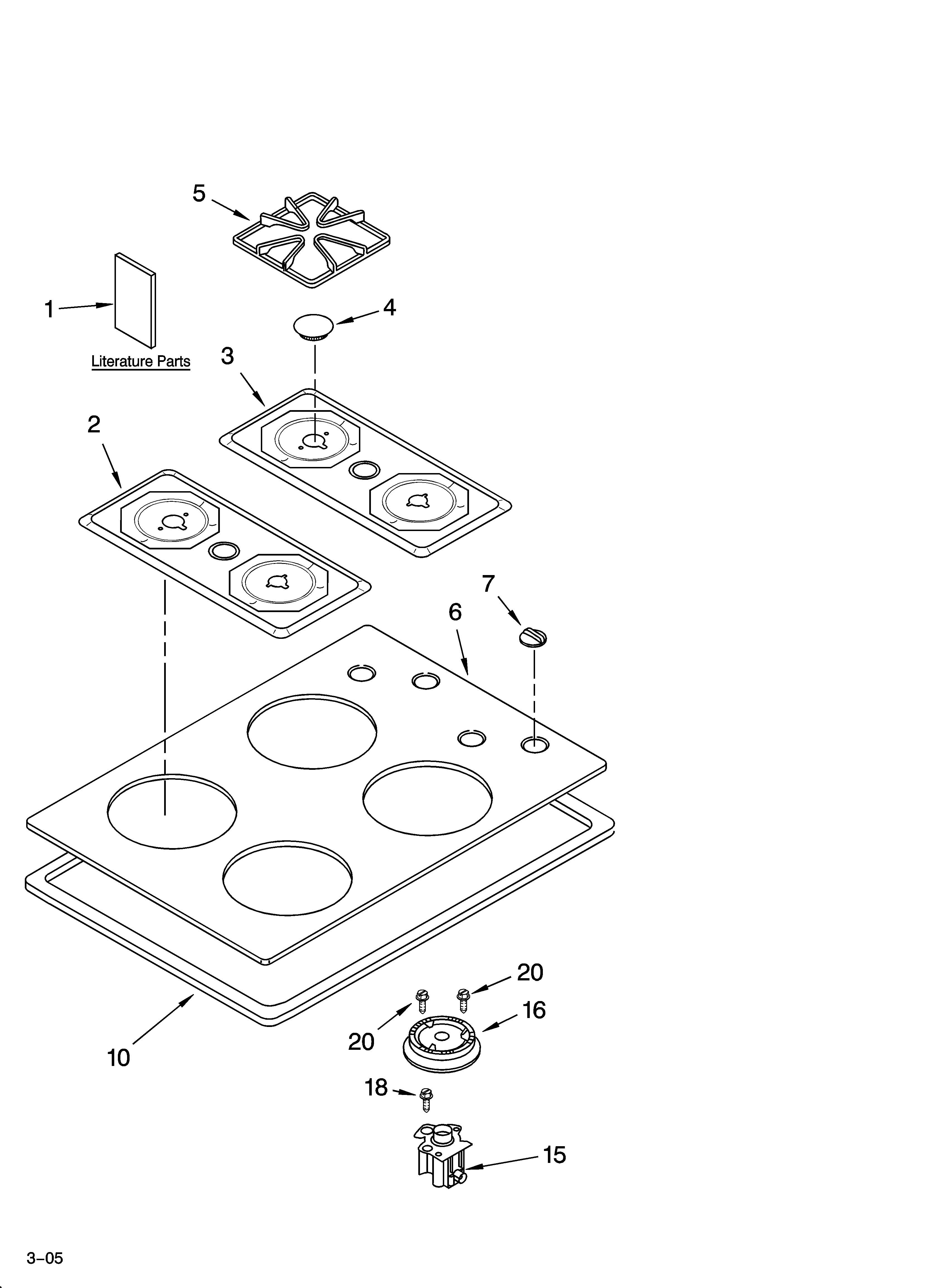 Whirlpool GLT3034LT02 cooktop, burner and grate parts diagram