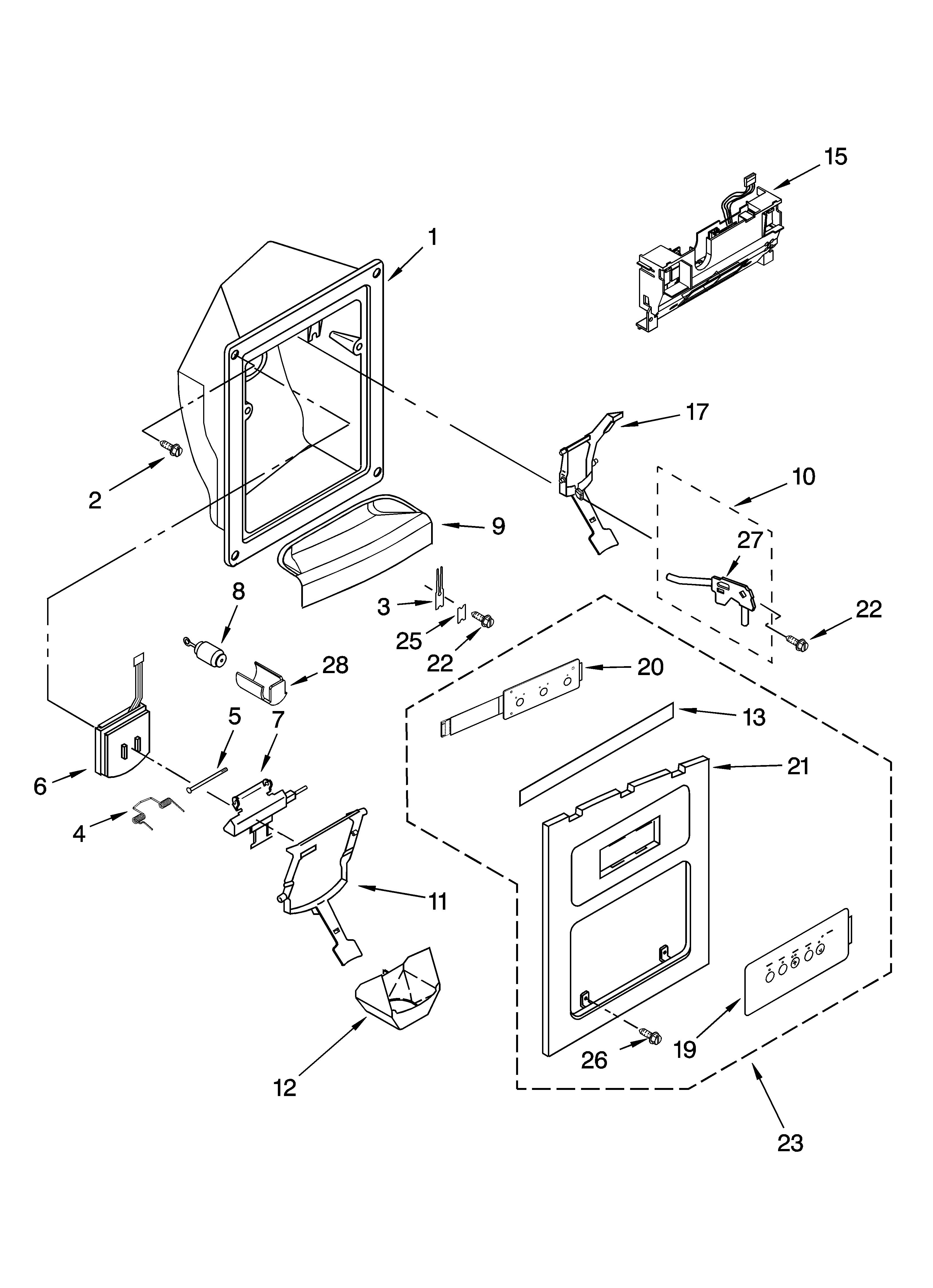 KitchenAid KSRB25FRBX00 dispenser front parts diagram