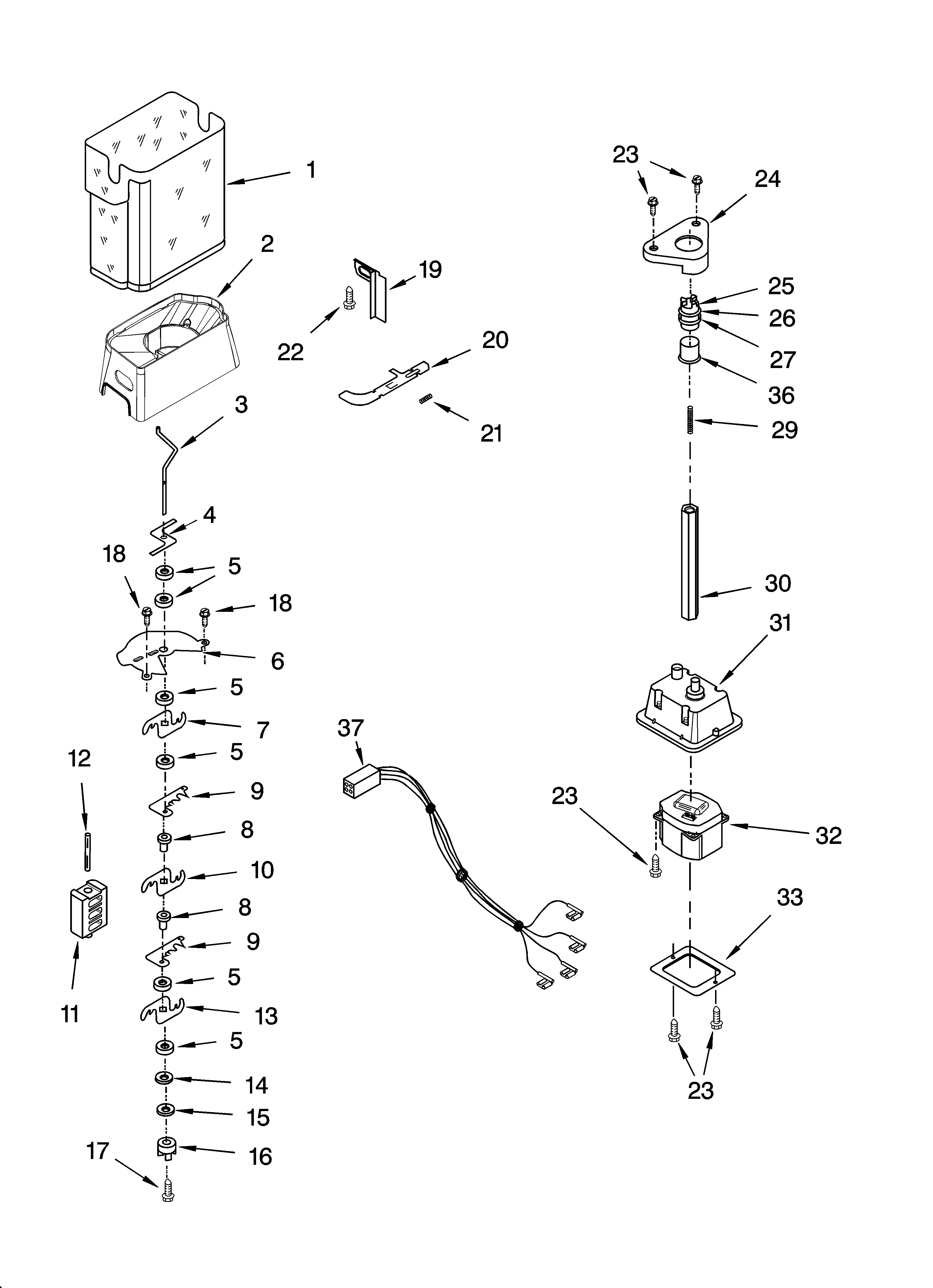 KitchenAid KSRU25CRBL00 motor and ice container parts diagram