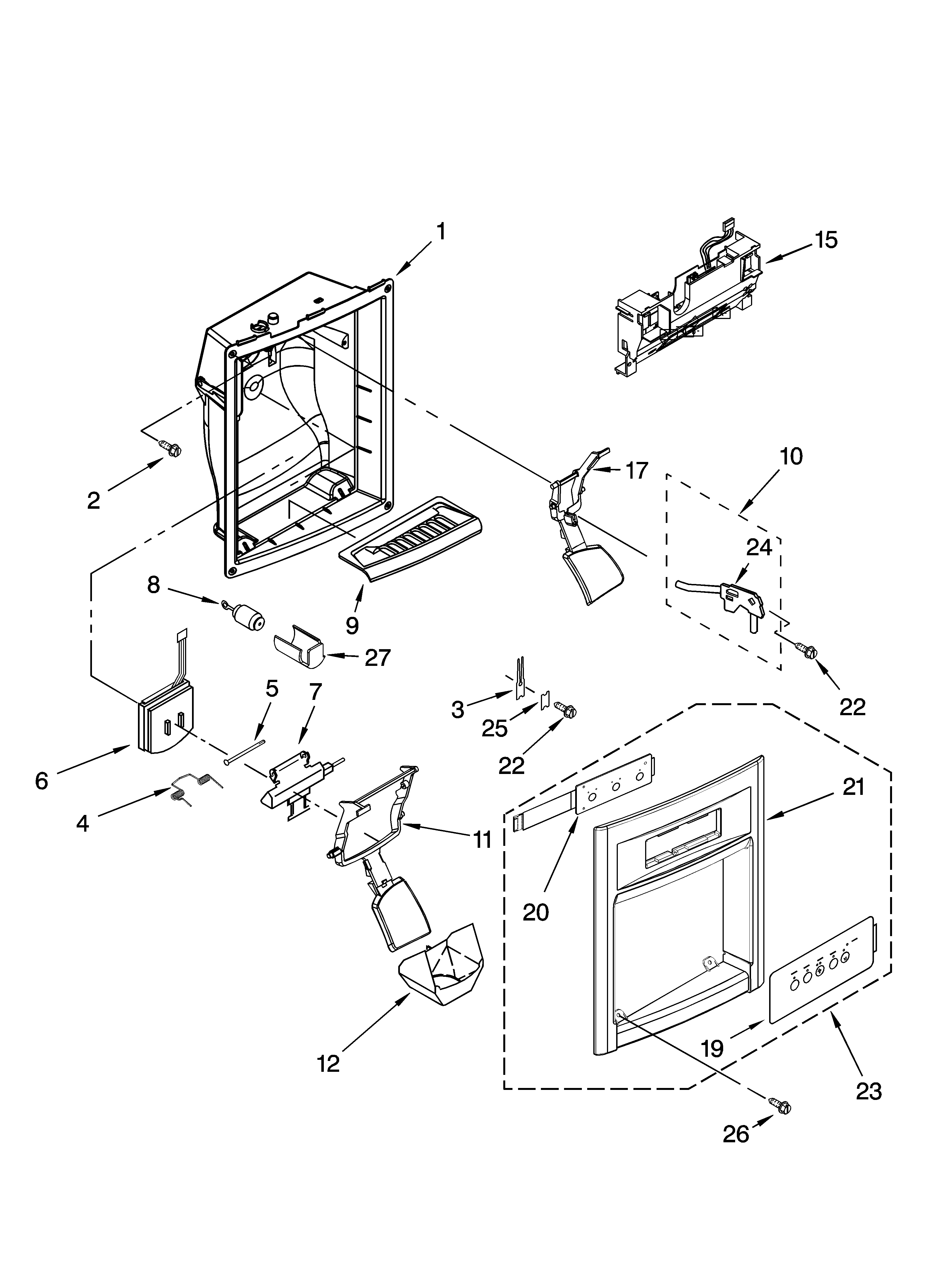 KitchenAid KSRU25CRBL00 dispenser front parts diagram