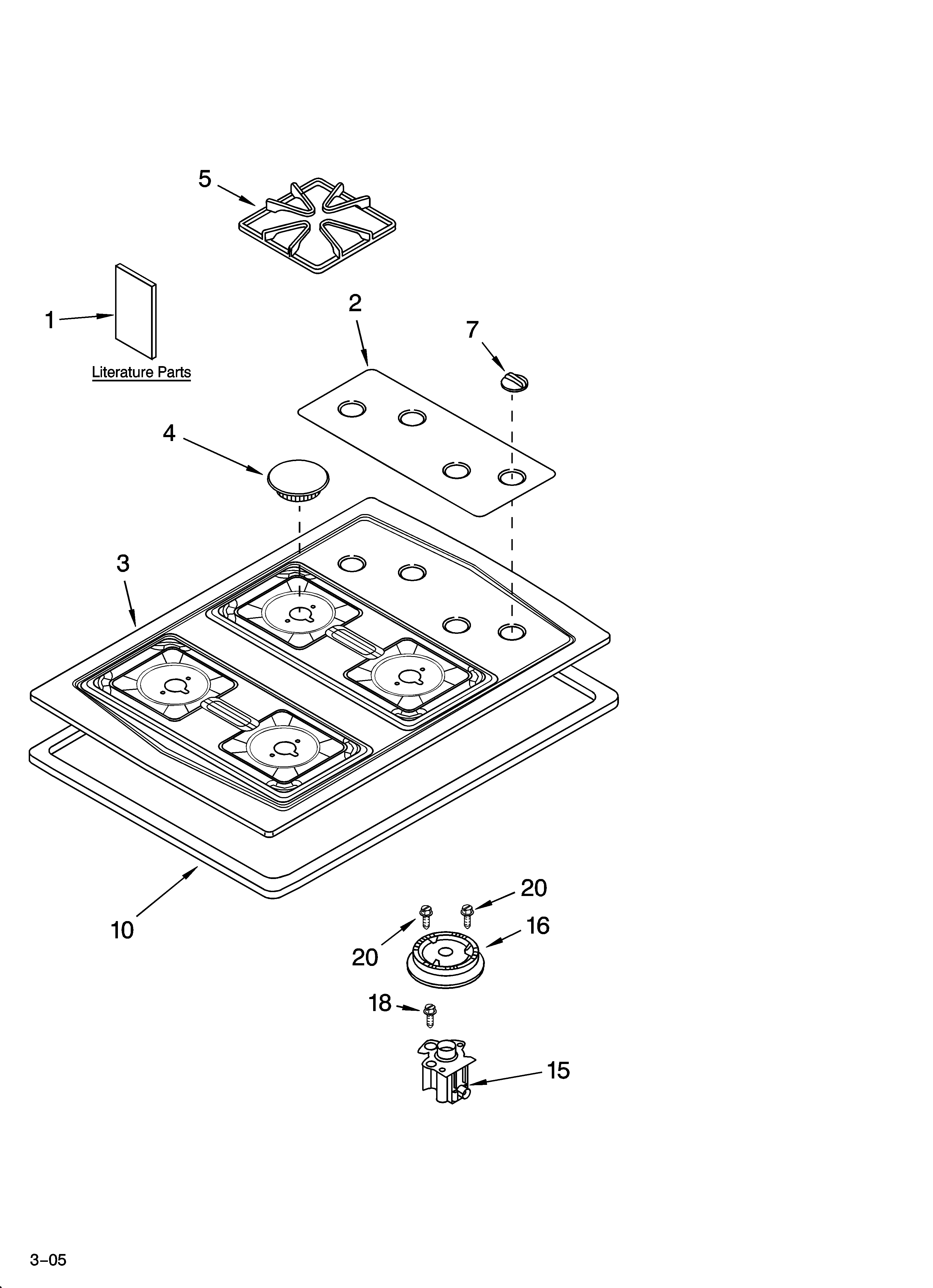 Whirlpool SCS3014LT02 cooktop, burner and grate parts diagram