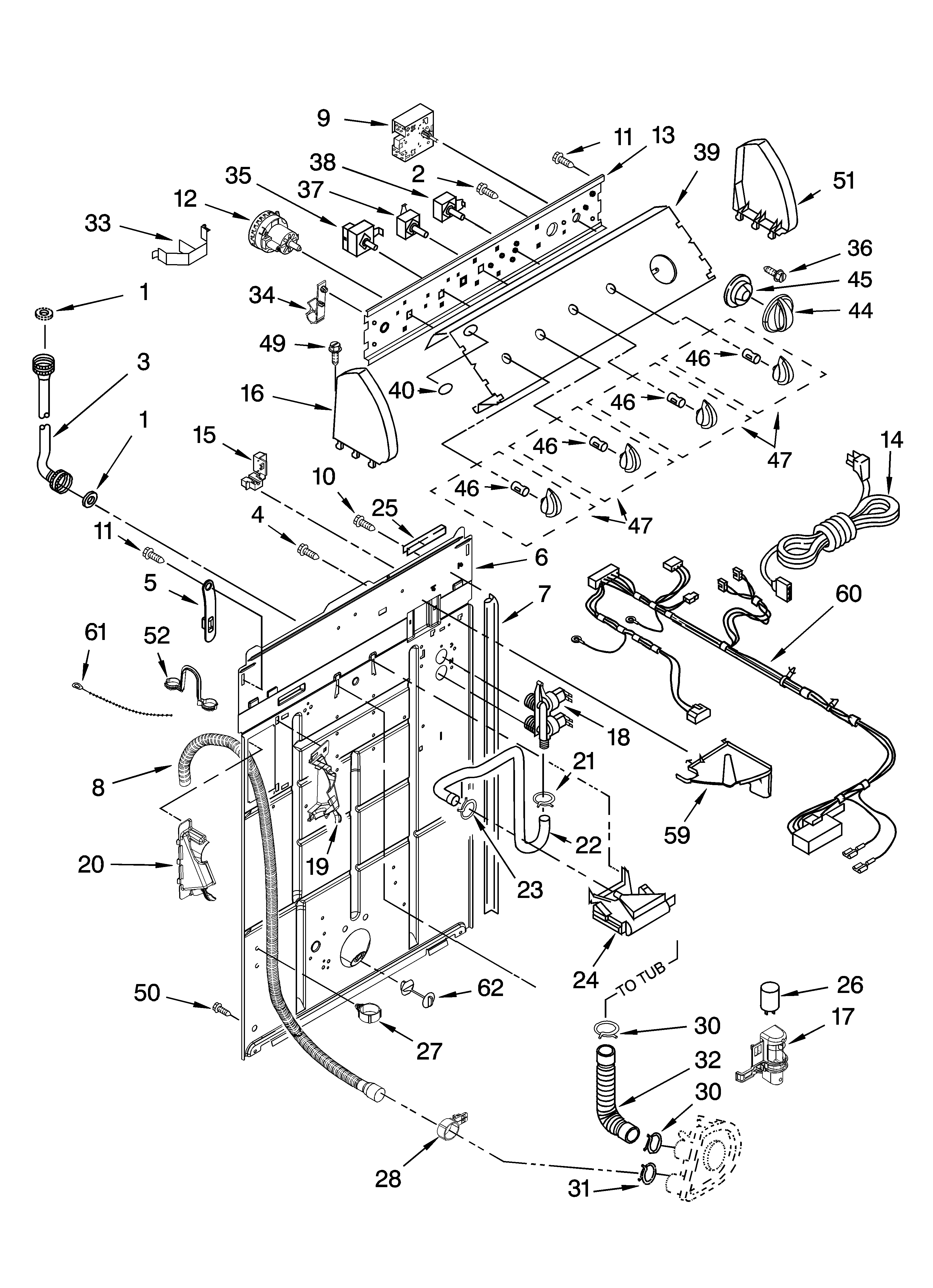Whirlpool LSC9000PW1 controls and rear panel parts diagram