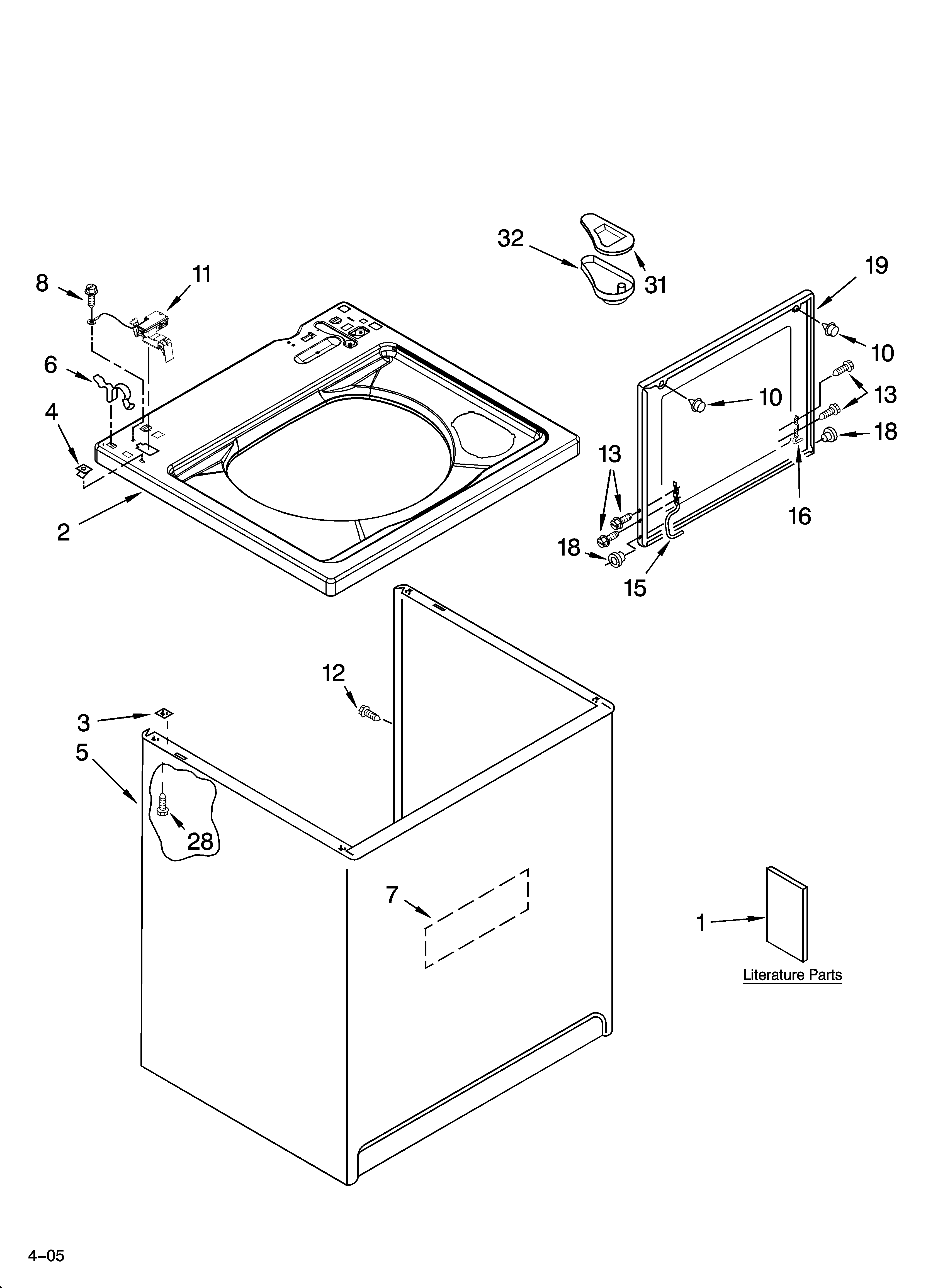 Whirlpool LSN1000PQ2 top and cabinet parts diagram