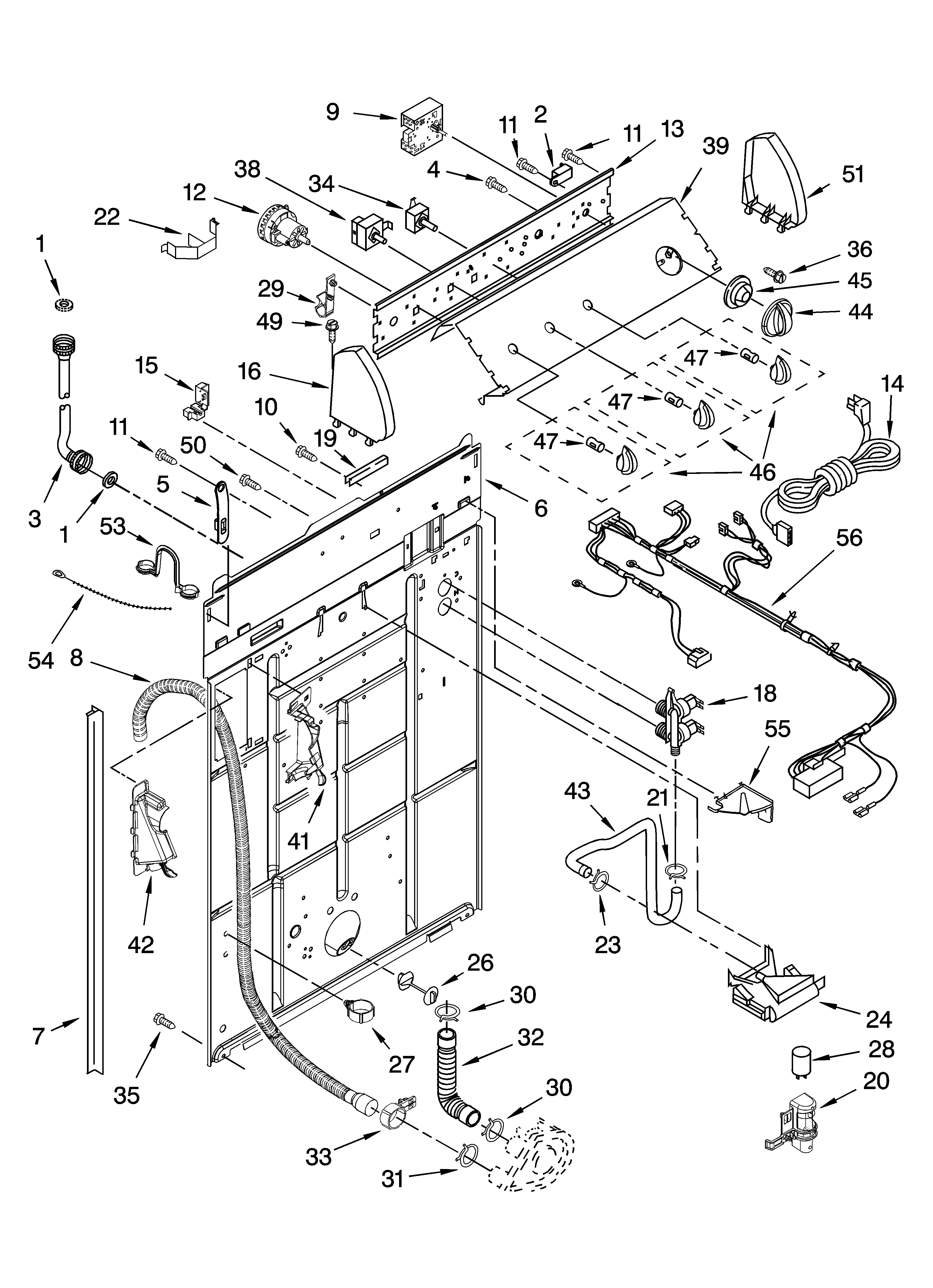 Whirlpool LSN1000PQ2 controls and rear panel parts diagram
