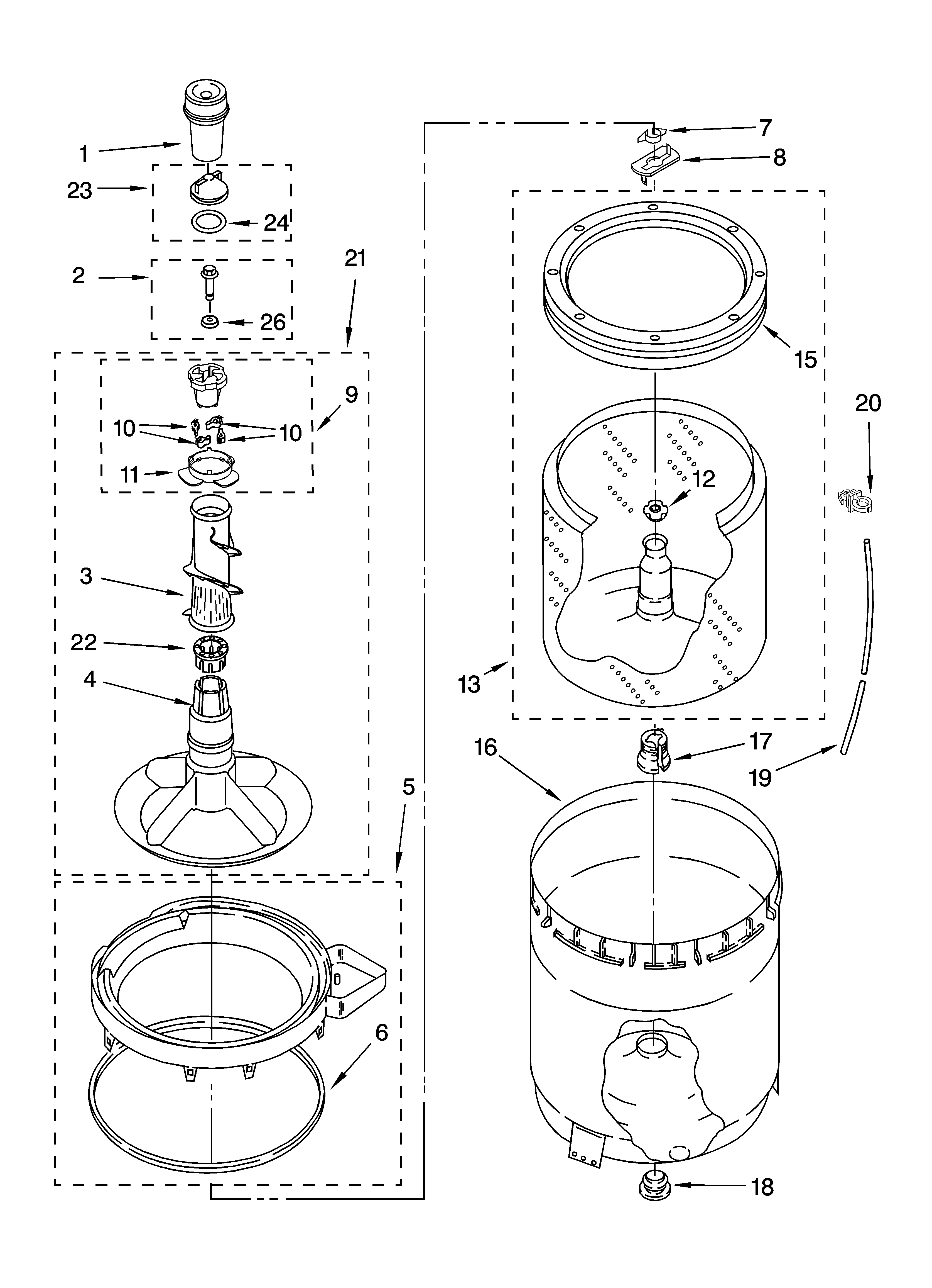 Whirlpool LSN1000PQ2 agitator, basket and tub parts diagram