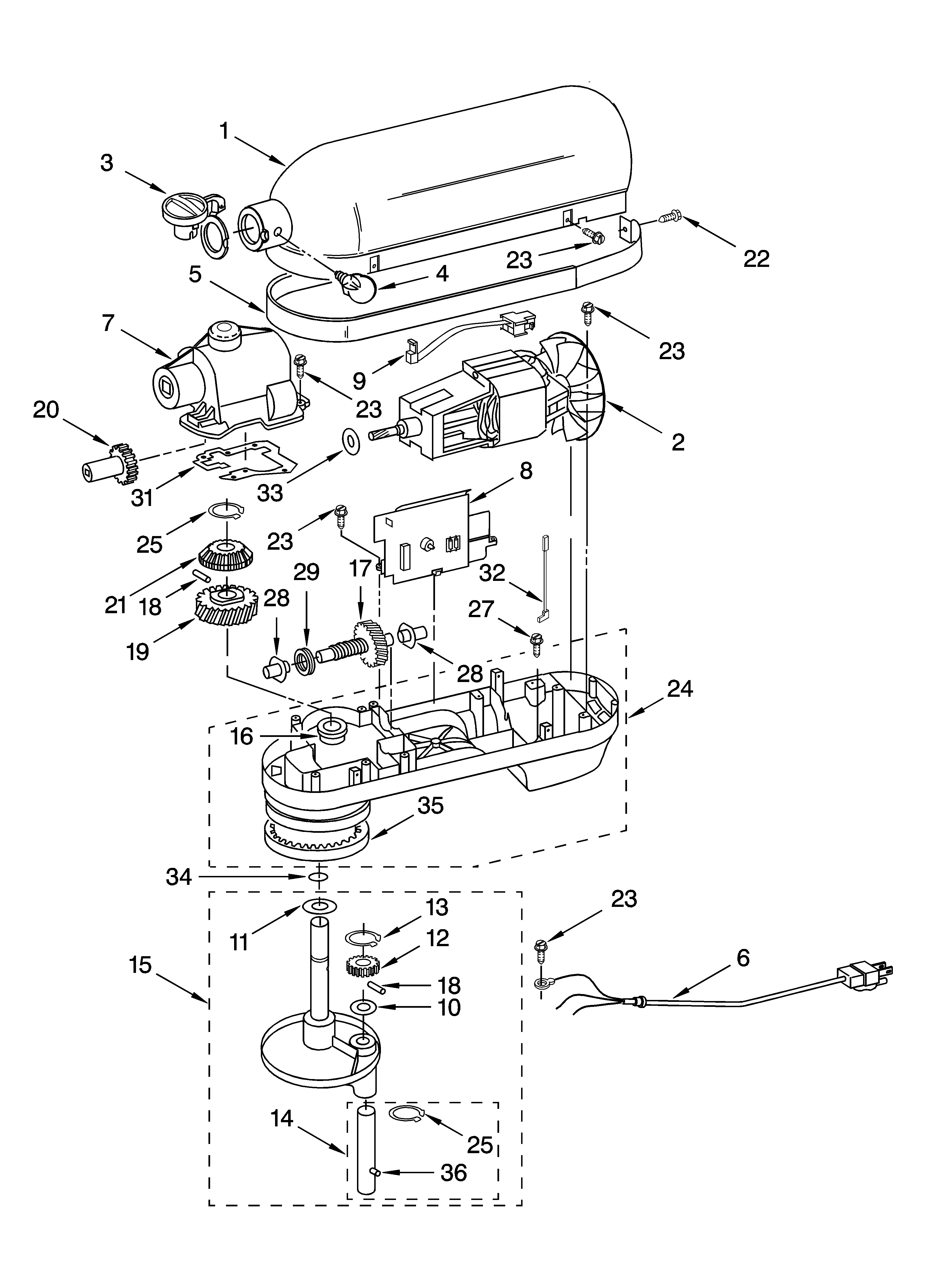 KitchenAid 4KV25H0XWH4 case, gearing and planetary unit and accessory parts diagram