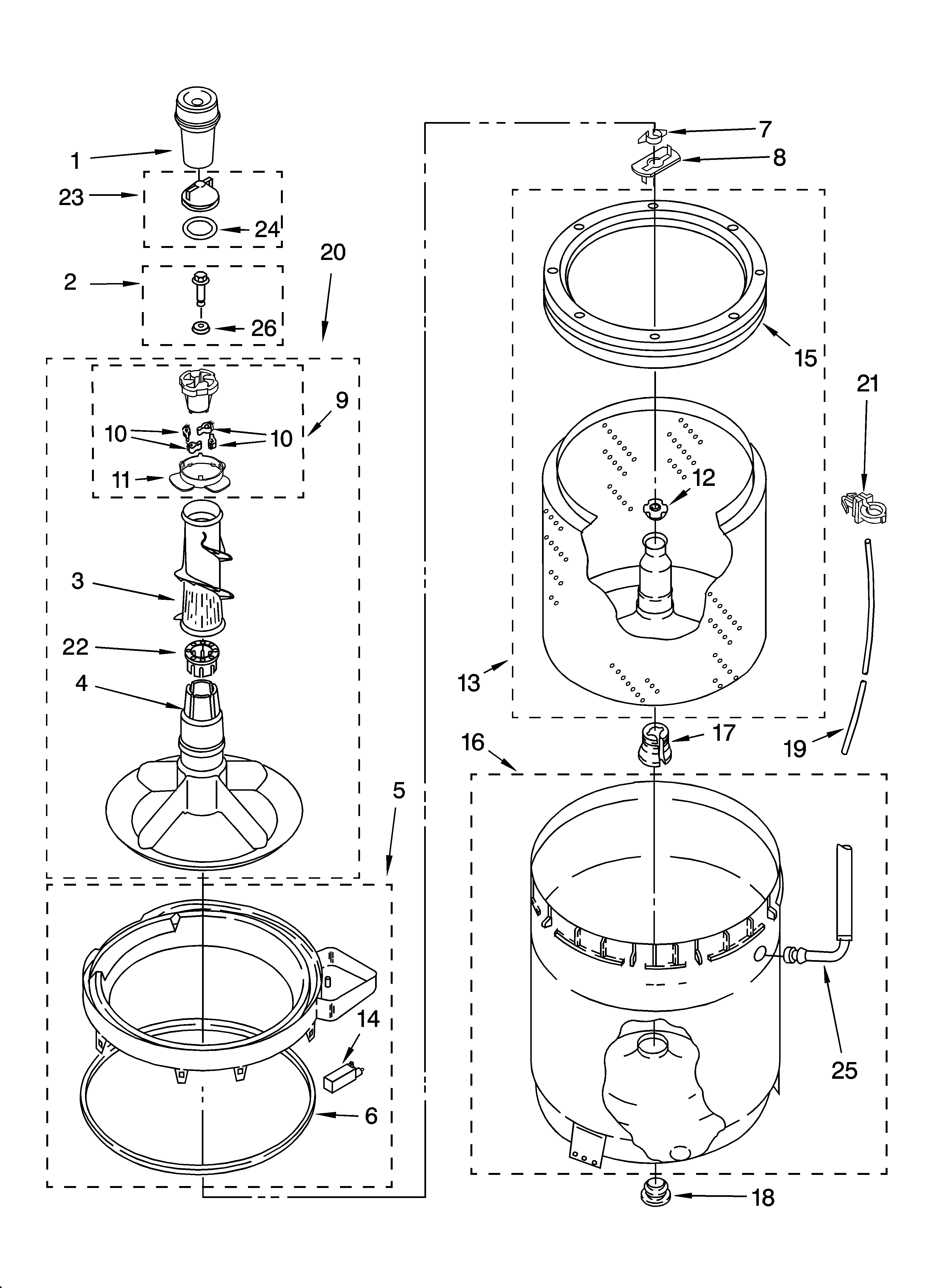 Whirlpool GST9679PW2 agitator, basket and tub parts diagram