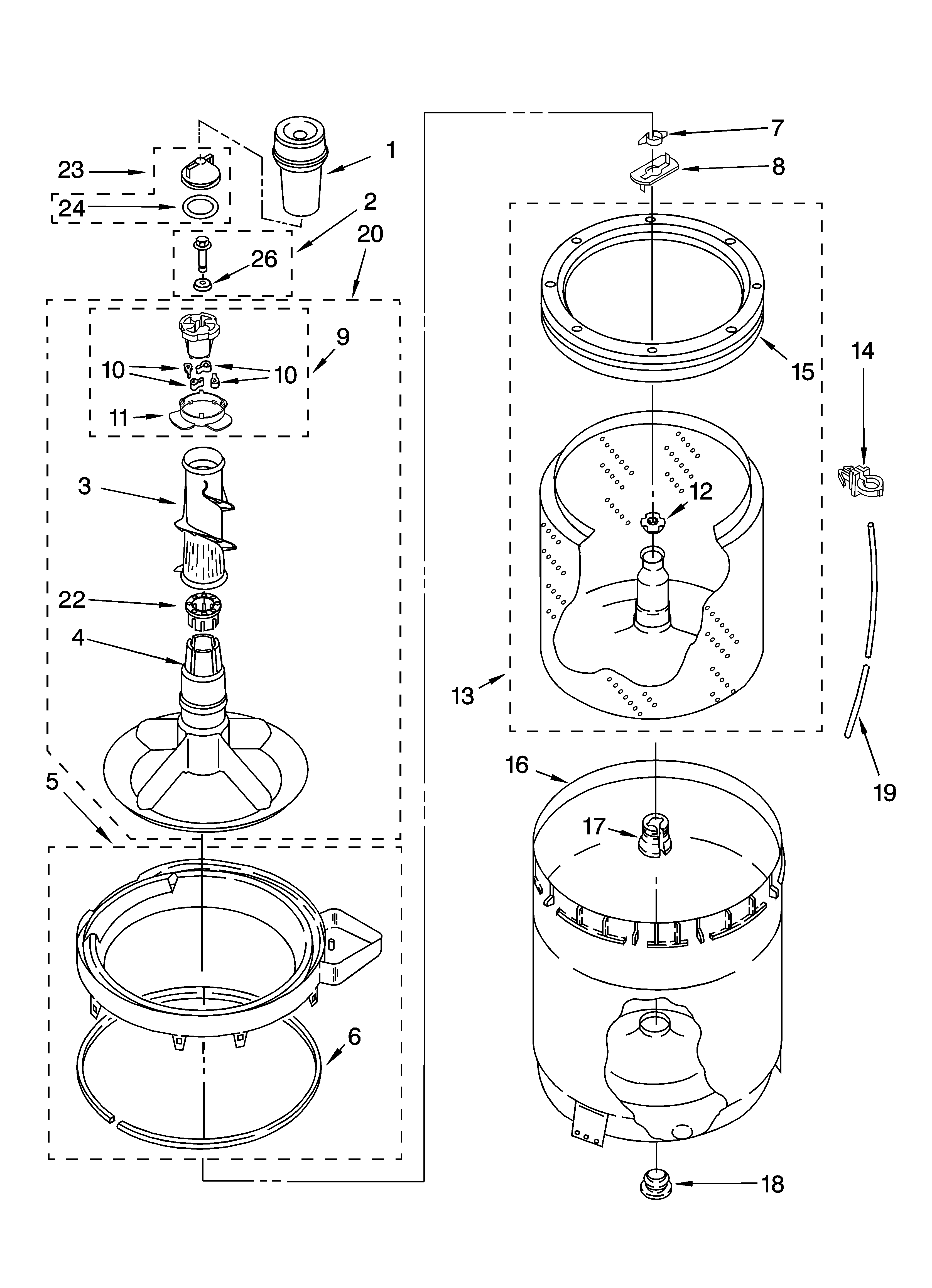 Whirlpool LSQ9030PQ2 agitator, basket and tub parts diagram