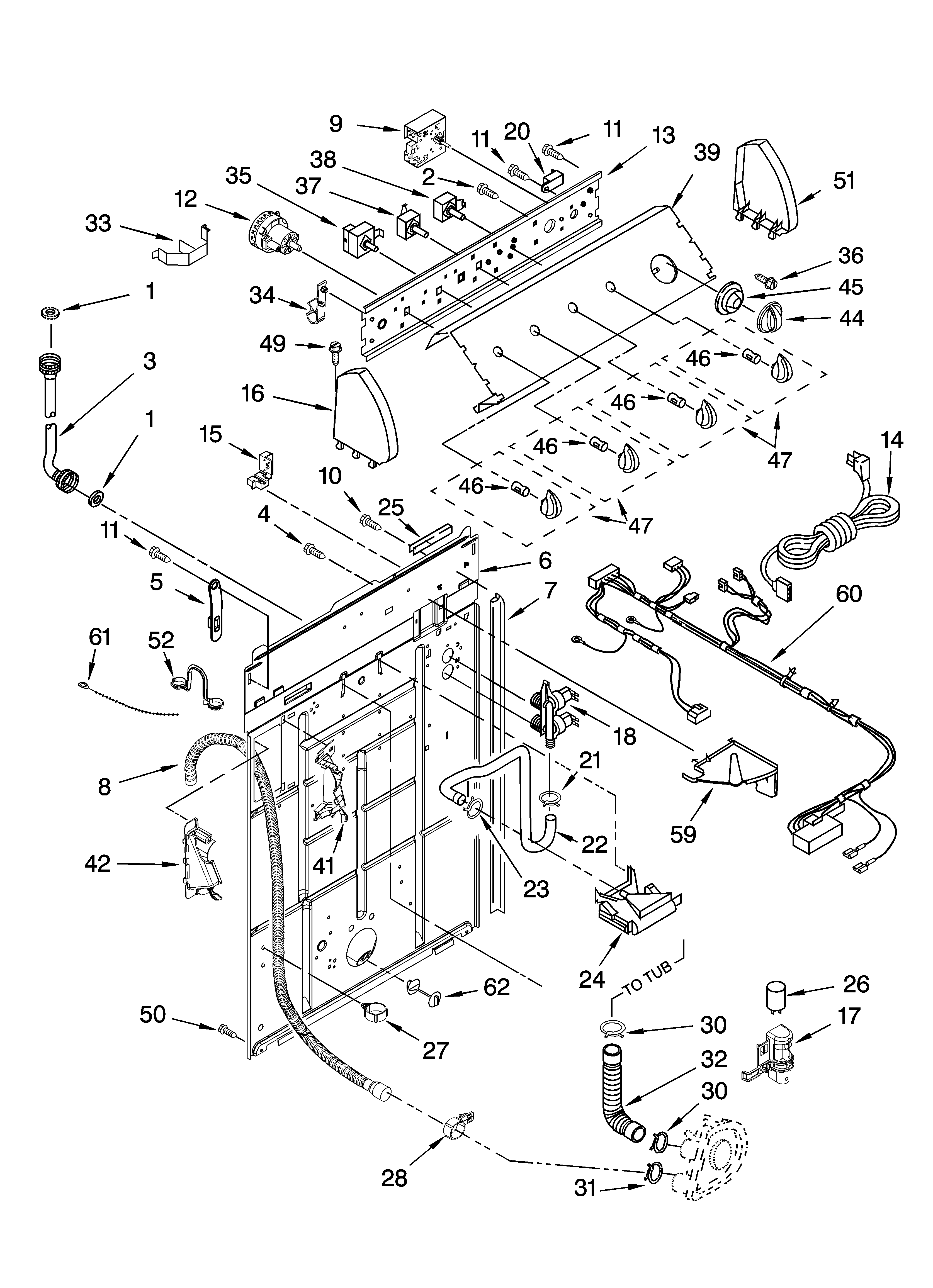 Whirlpool LSQ9200PT1 controls and rear panel parts diagram