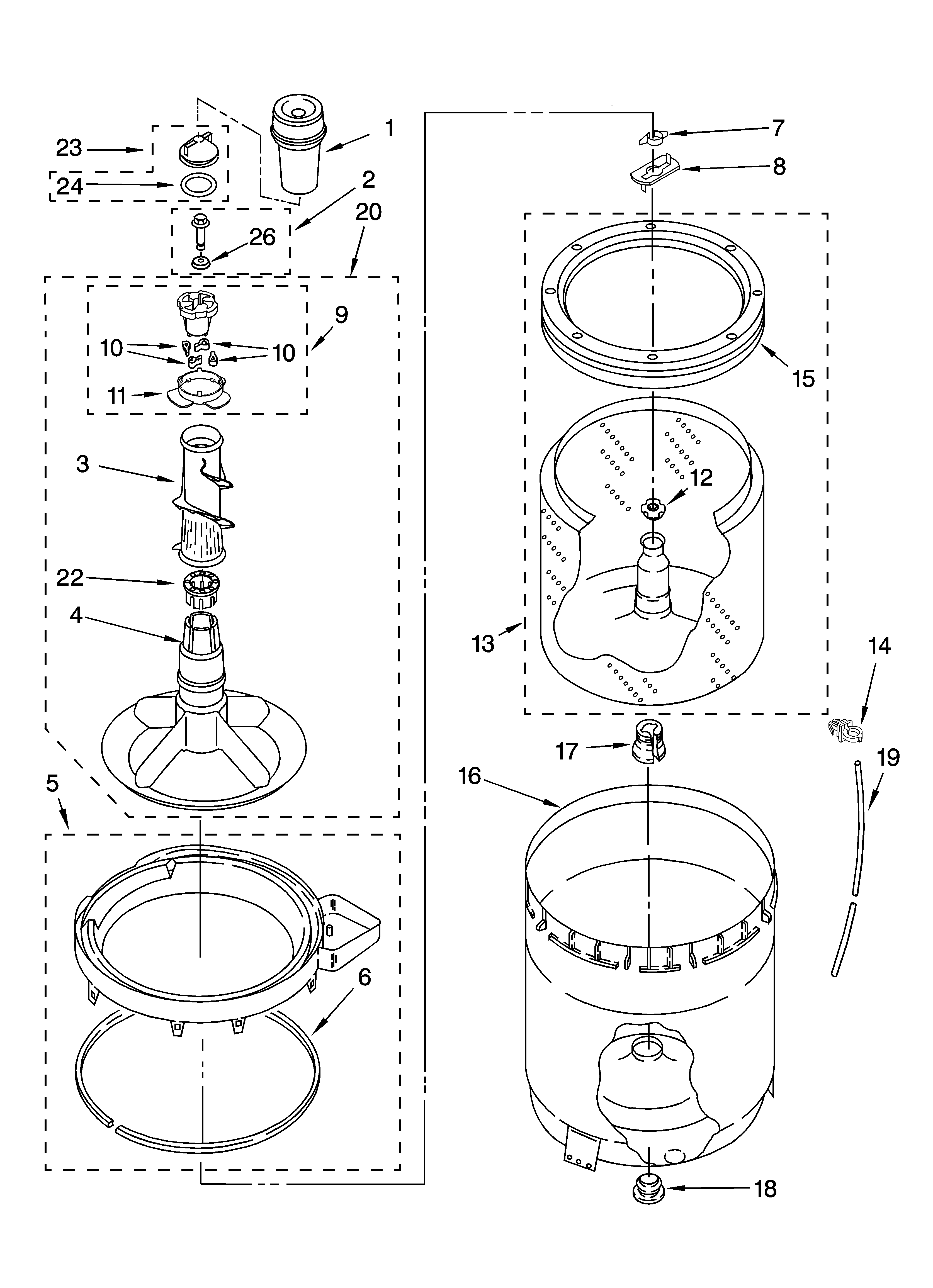 Whirlpool LSQ9549PW3 agitator, basket and tub parts diagram