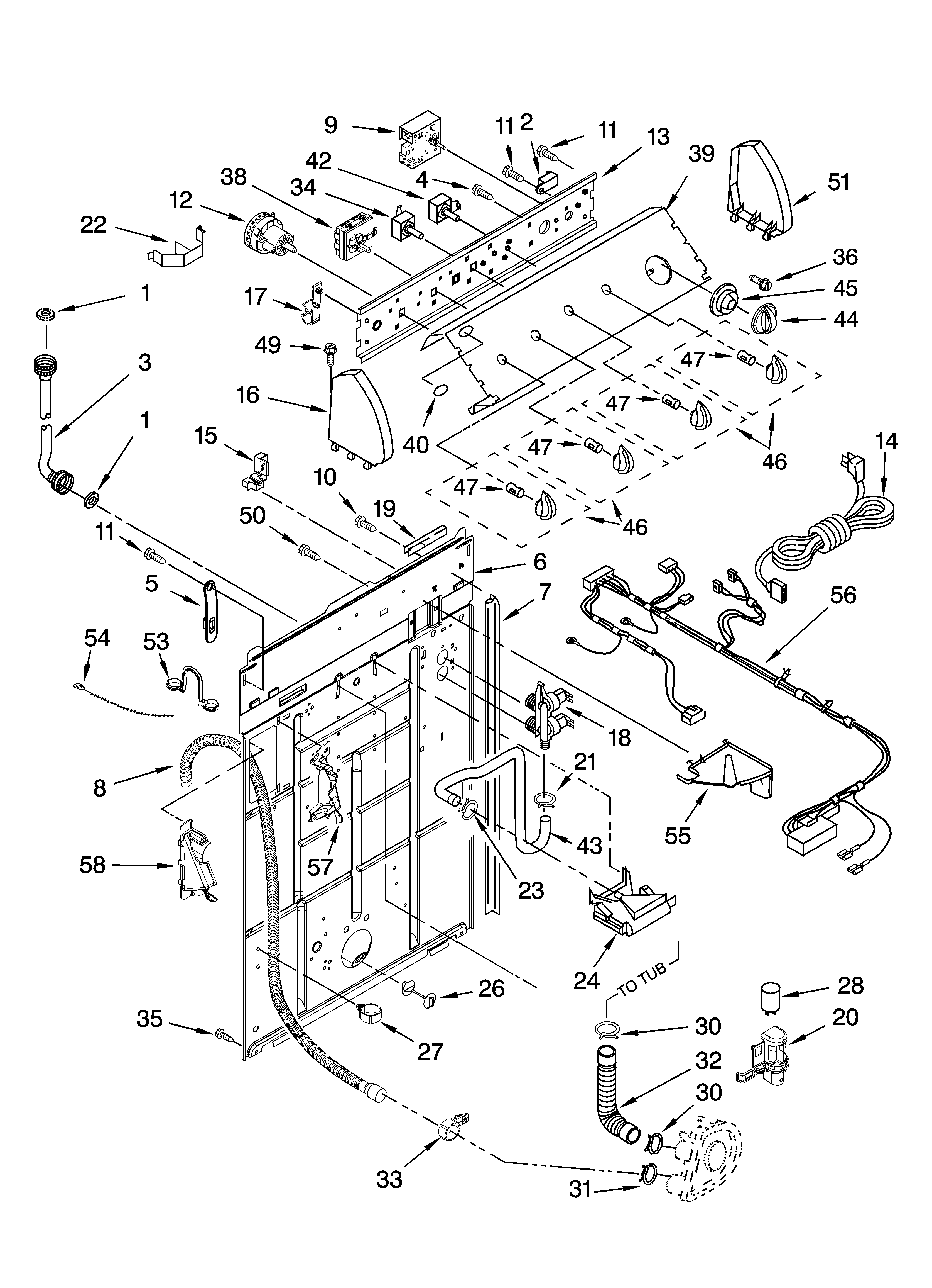 Whirlpool LSQ9659PG3 controls and rear panel parts diagram