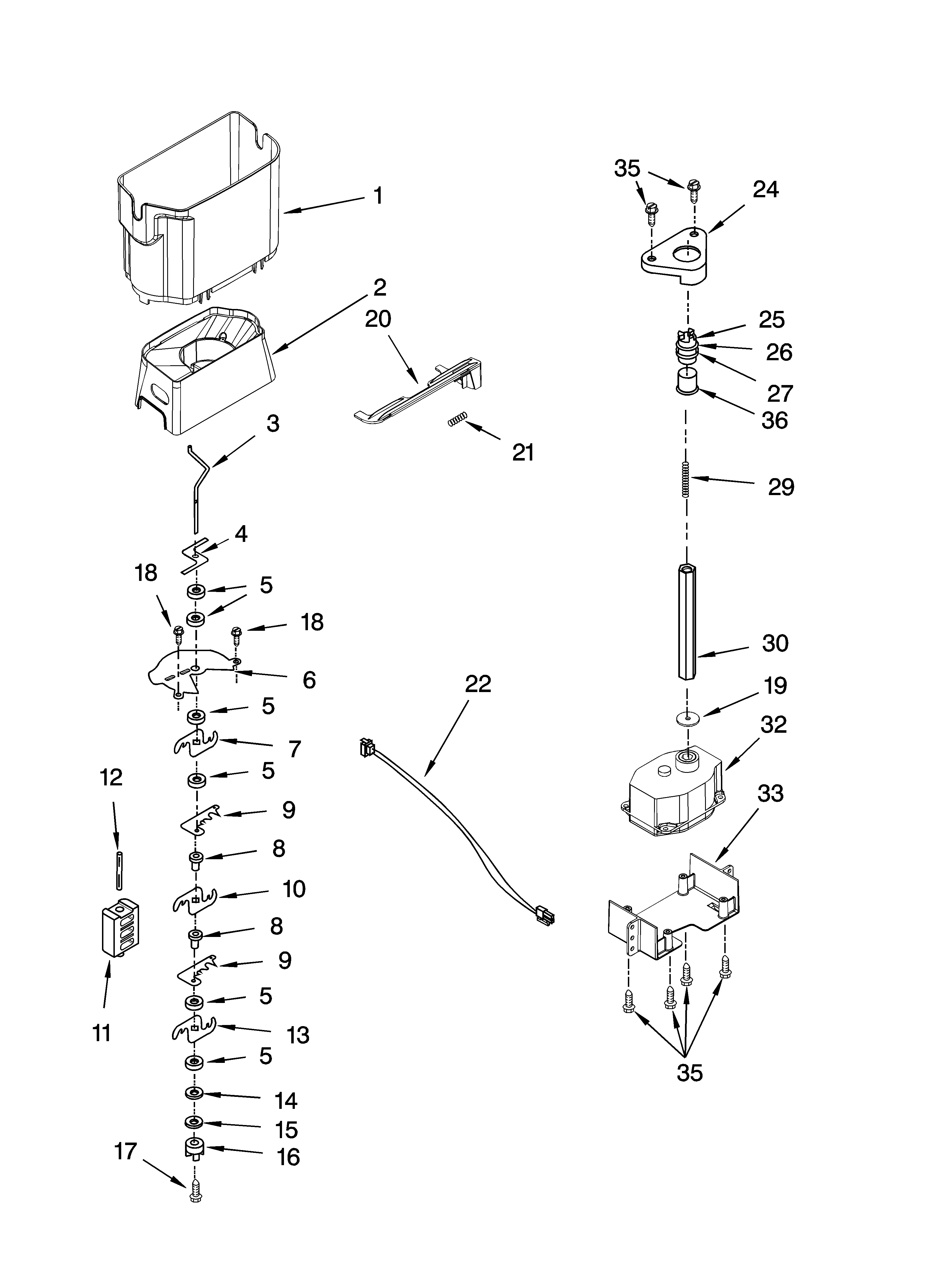Whirlpool GF6NFEXRB00 motor and ice container parts diagram