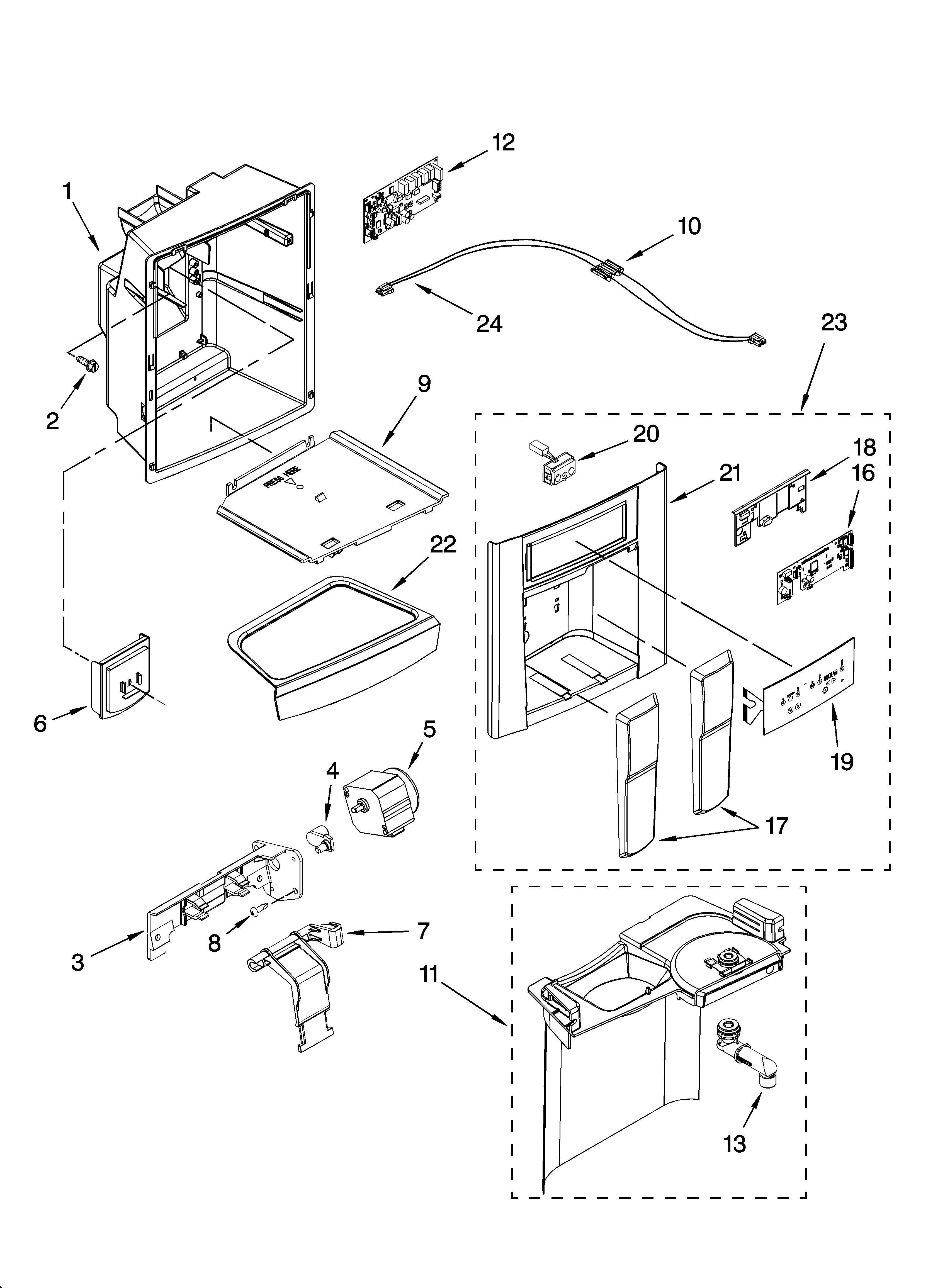 Whirlpool GF6NFEXRB00 dispenser front parts diagram