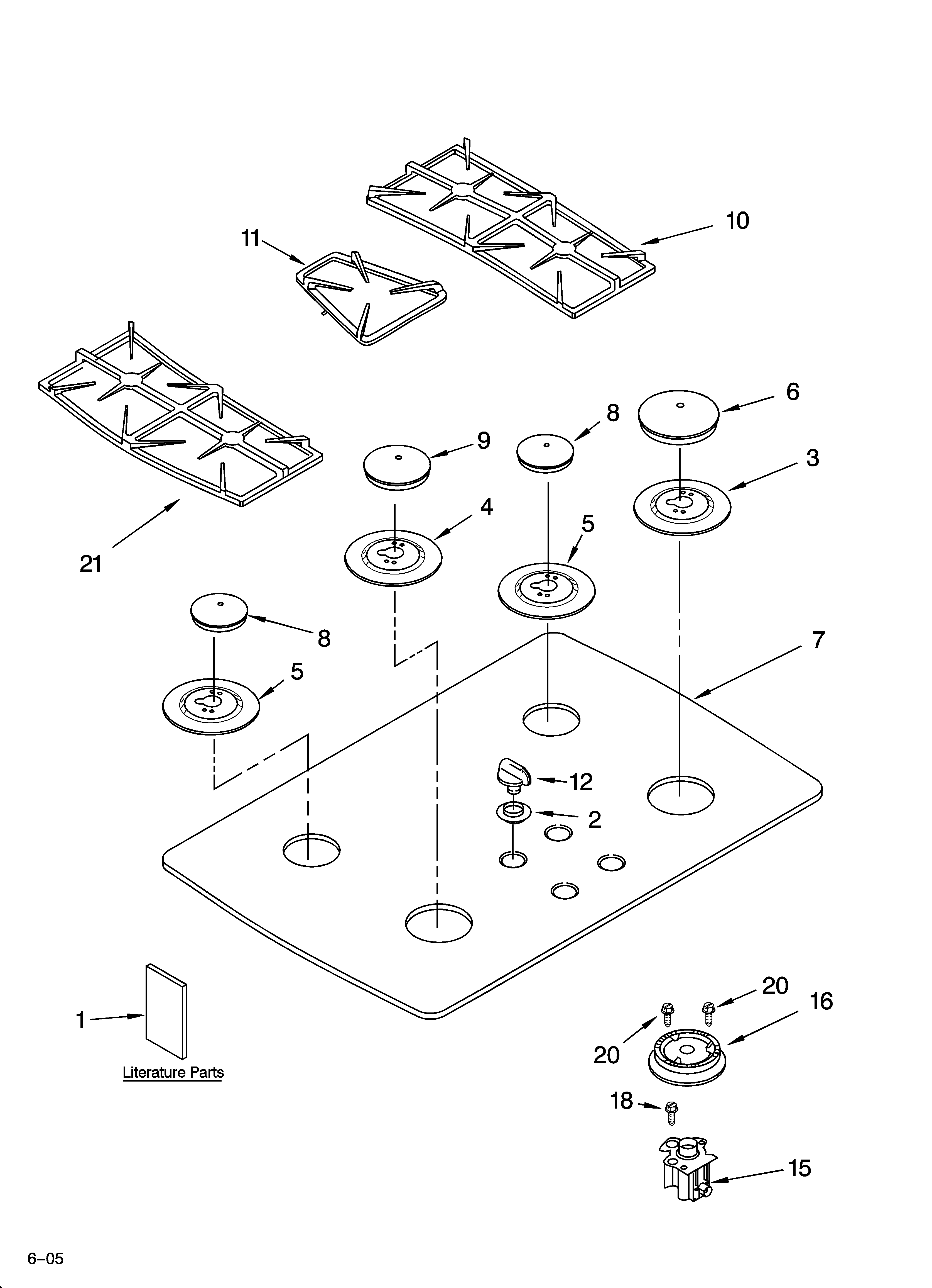 KitchenAid KGCC505HWH04 cooktop, burner and grate parts diagram