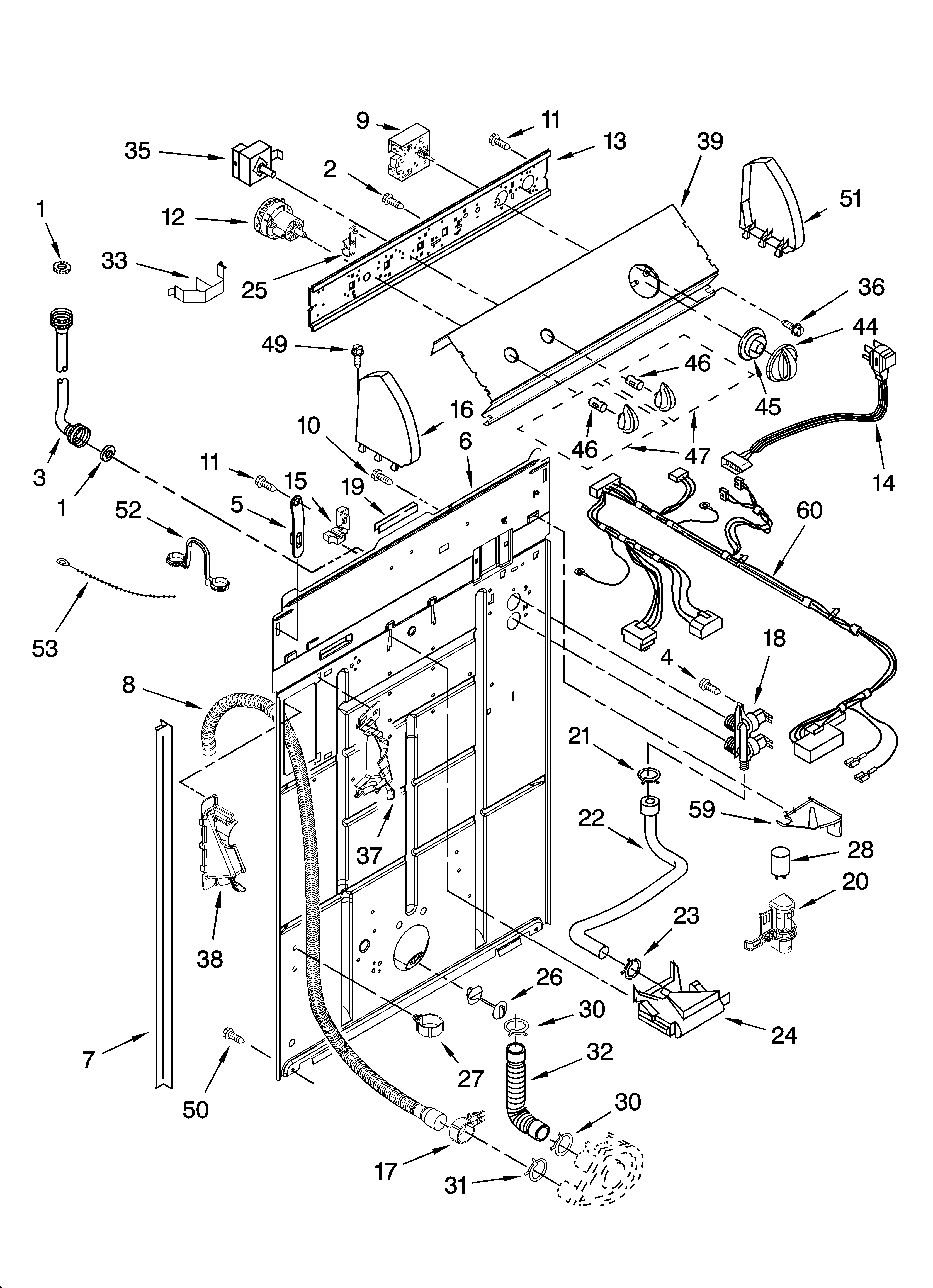 Whirlpool LSR7300PQ1 controls and rear panel parts diagram