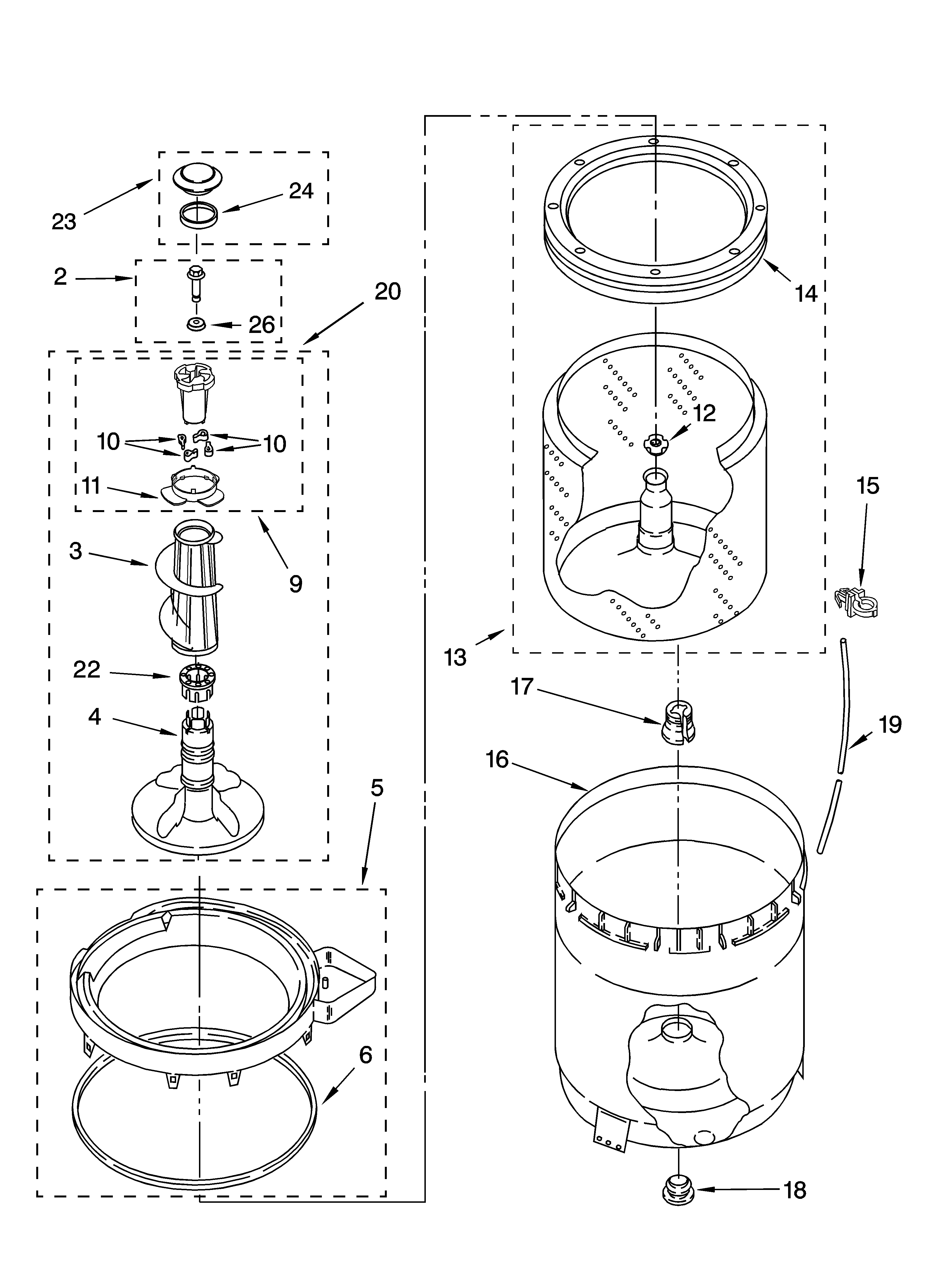 Whirlpool LSR7300PQ1 agitator, basket and tub parts diagram
