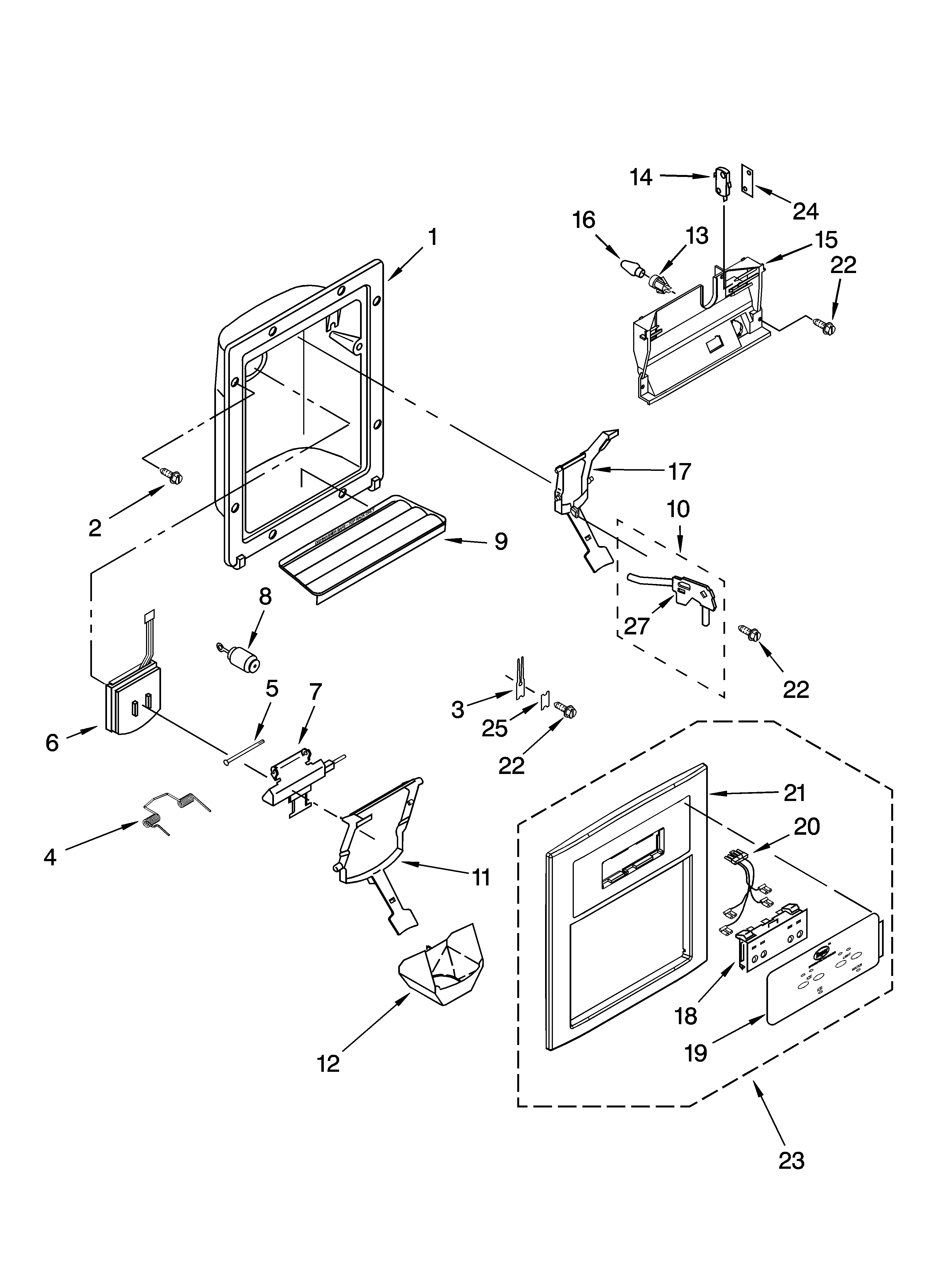 Roper RS25AGXNQ01 dispenser front parts diagram