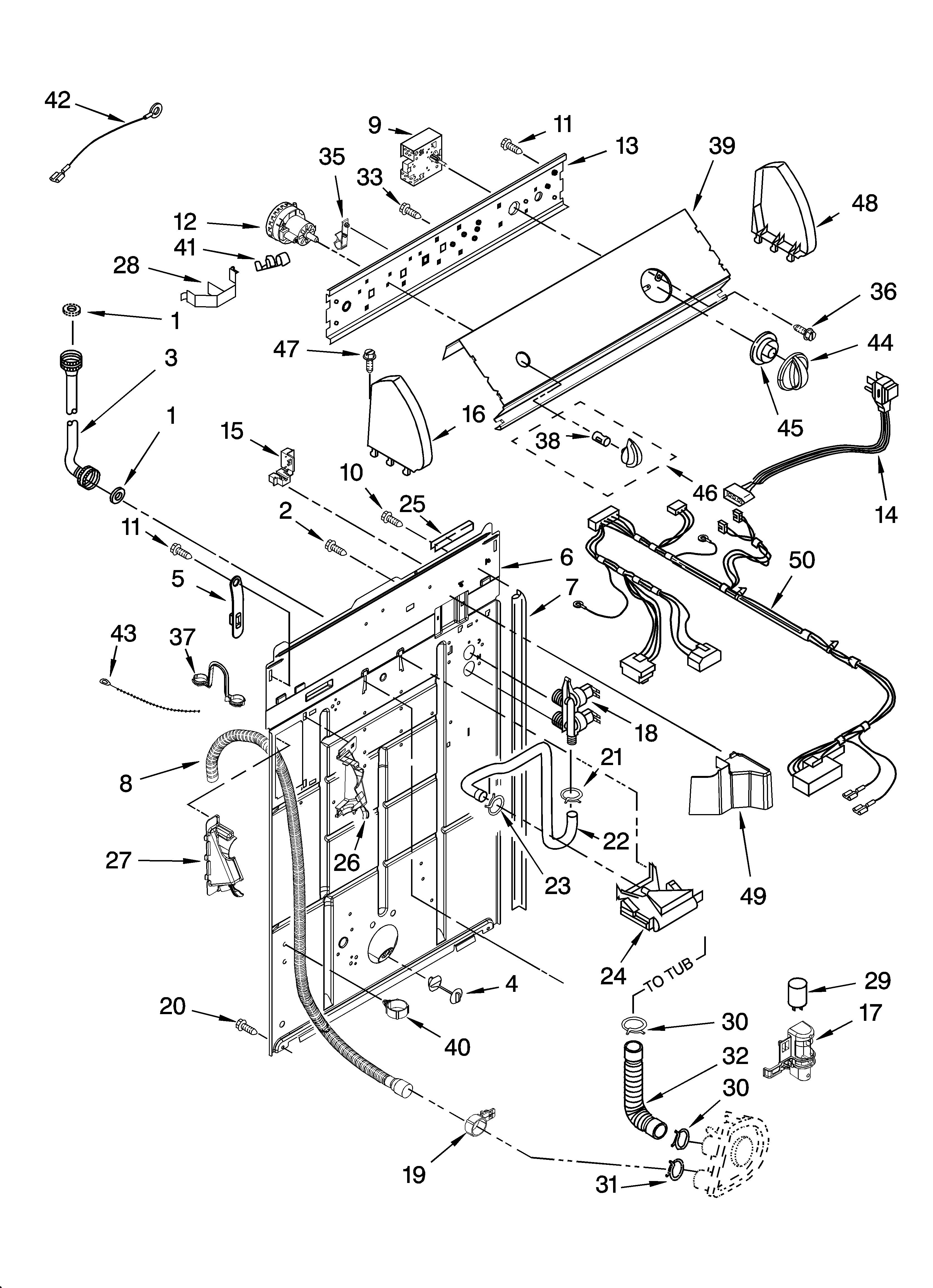 Whirlpool 7MLSR6132PQ1 controls and rear panel parts diagram