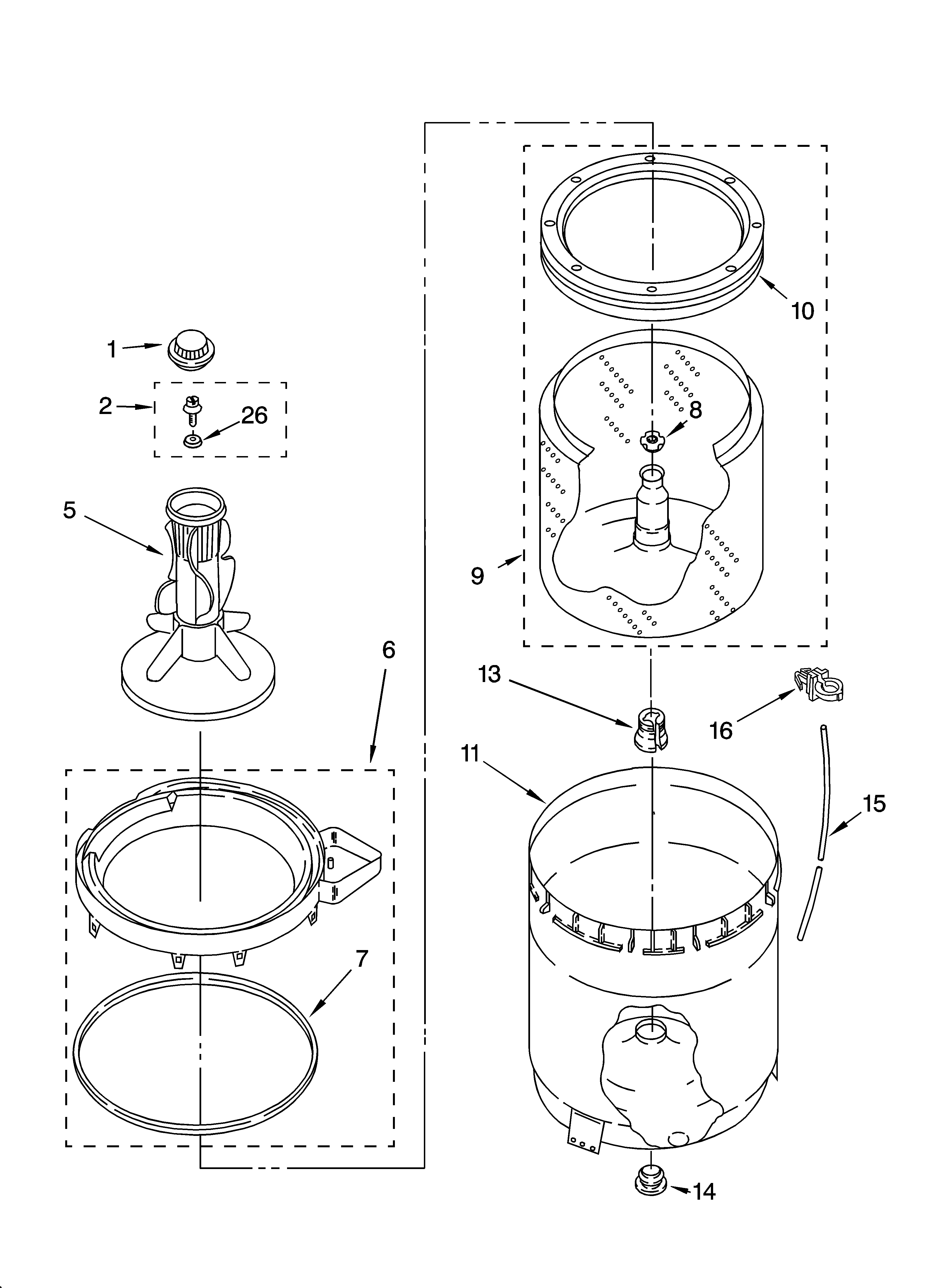 Whirlpool 7MLSR6132PQ1 agitator, basket and tub parts diagram