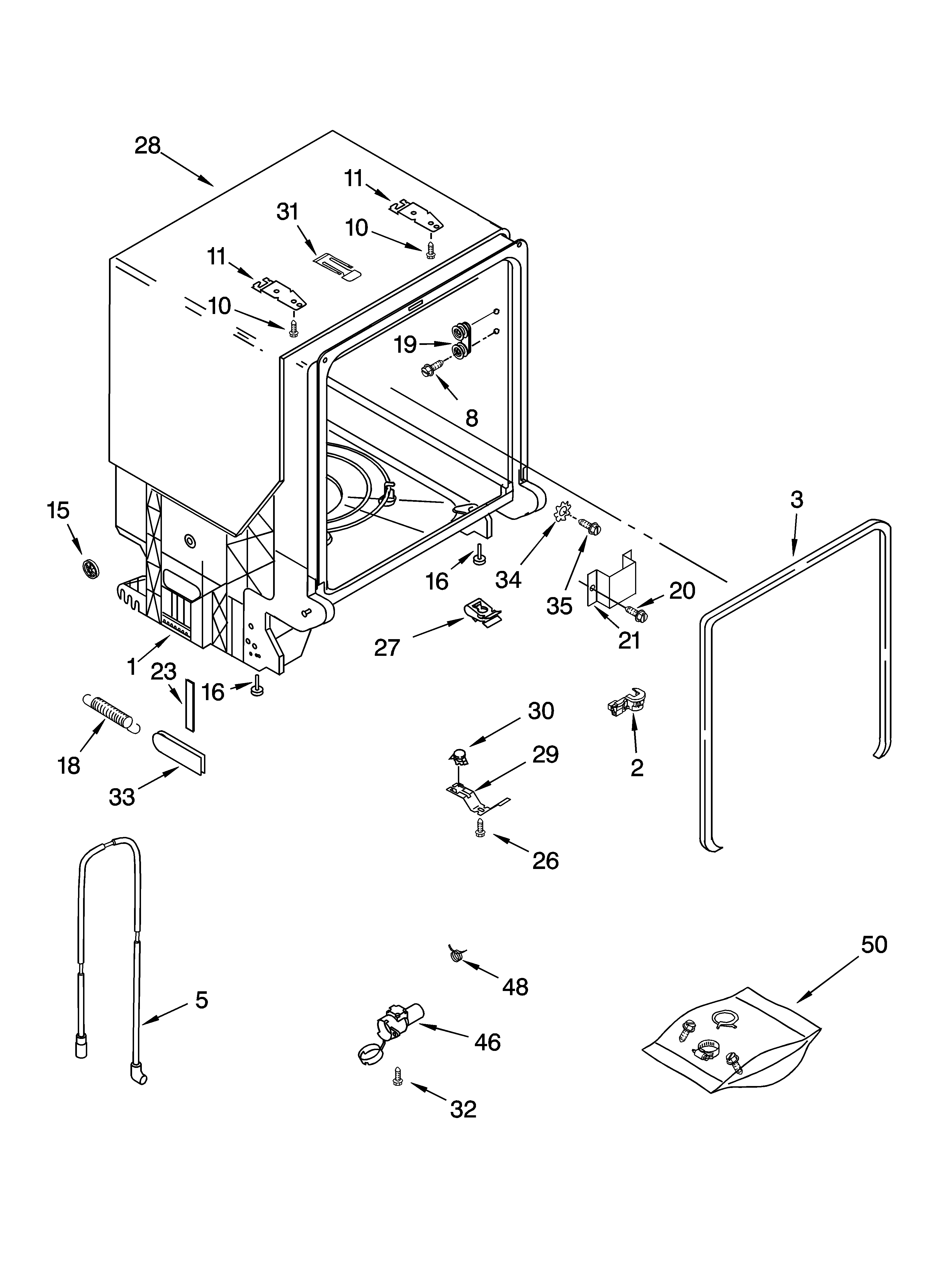 Whirlpool DU1101XTPS6 tub and frame parts diagram