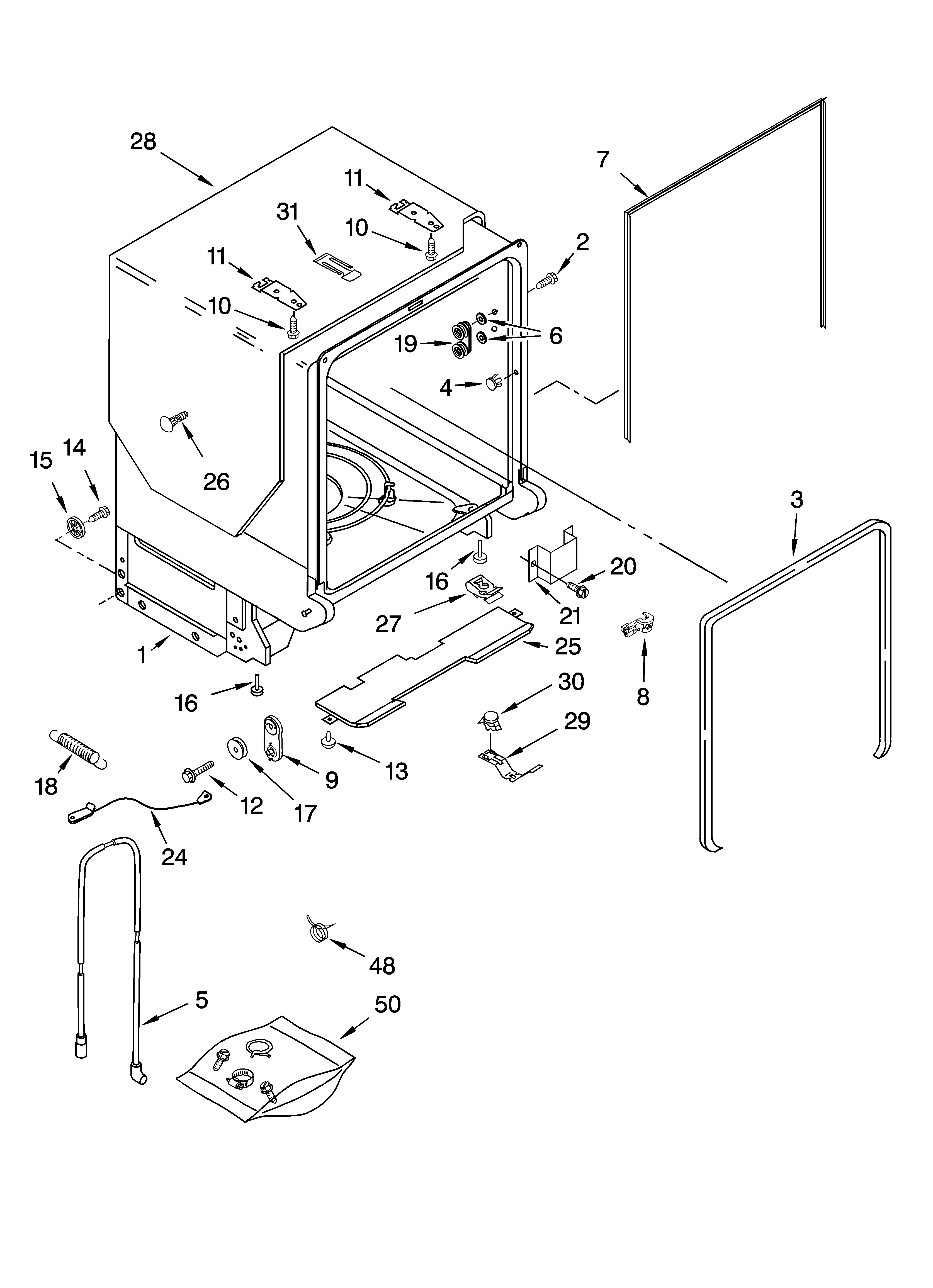 KitchenAid KUDK02CRWH0 tub and frame parts diagram
