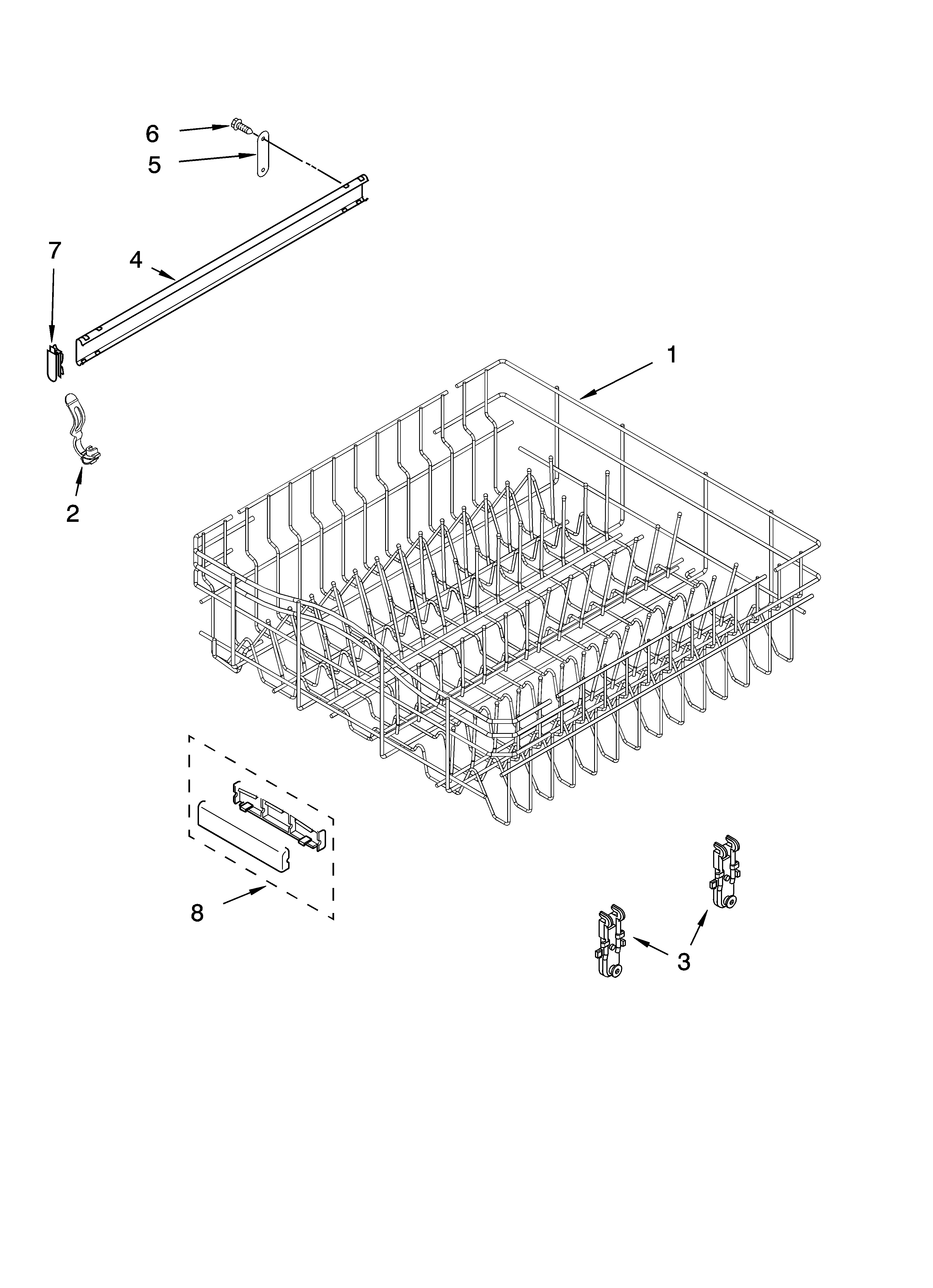KitchenAid KUDK02CRWH0 upper rack and track parts diagram