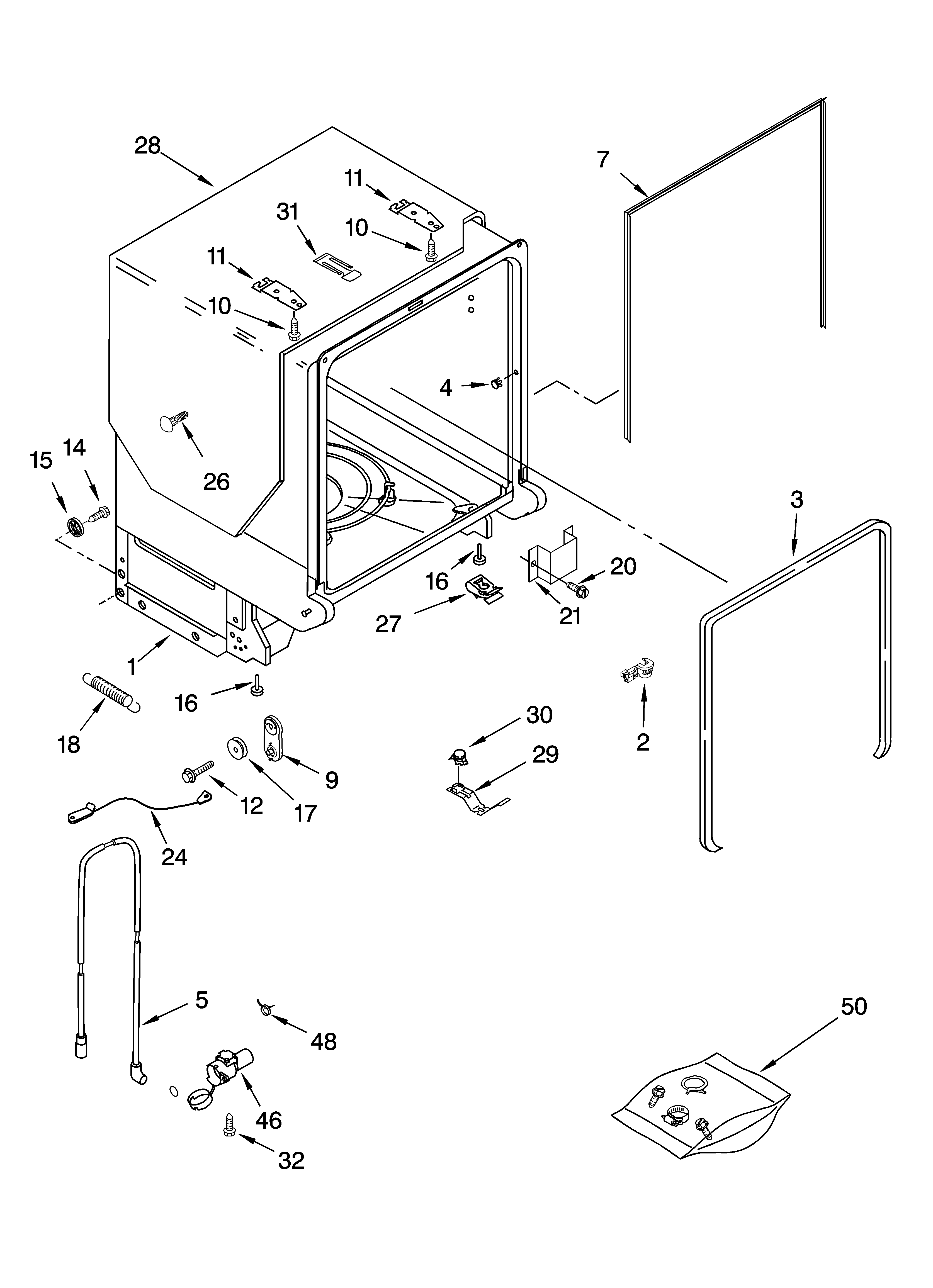 KitchenAid KUDP01DLWH7 tub and frame parts diagram