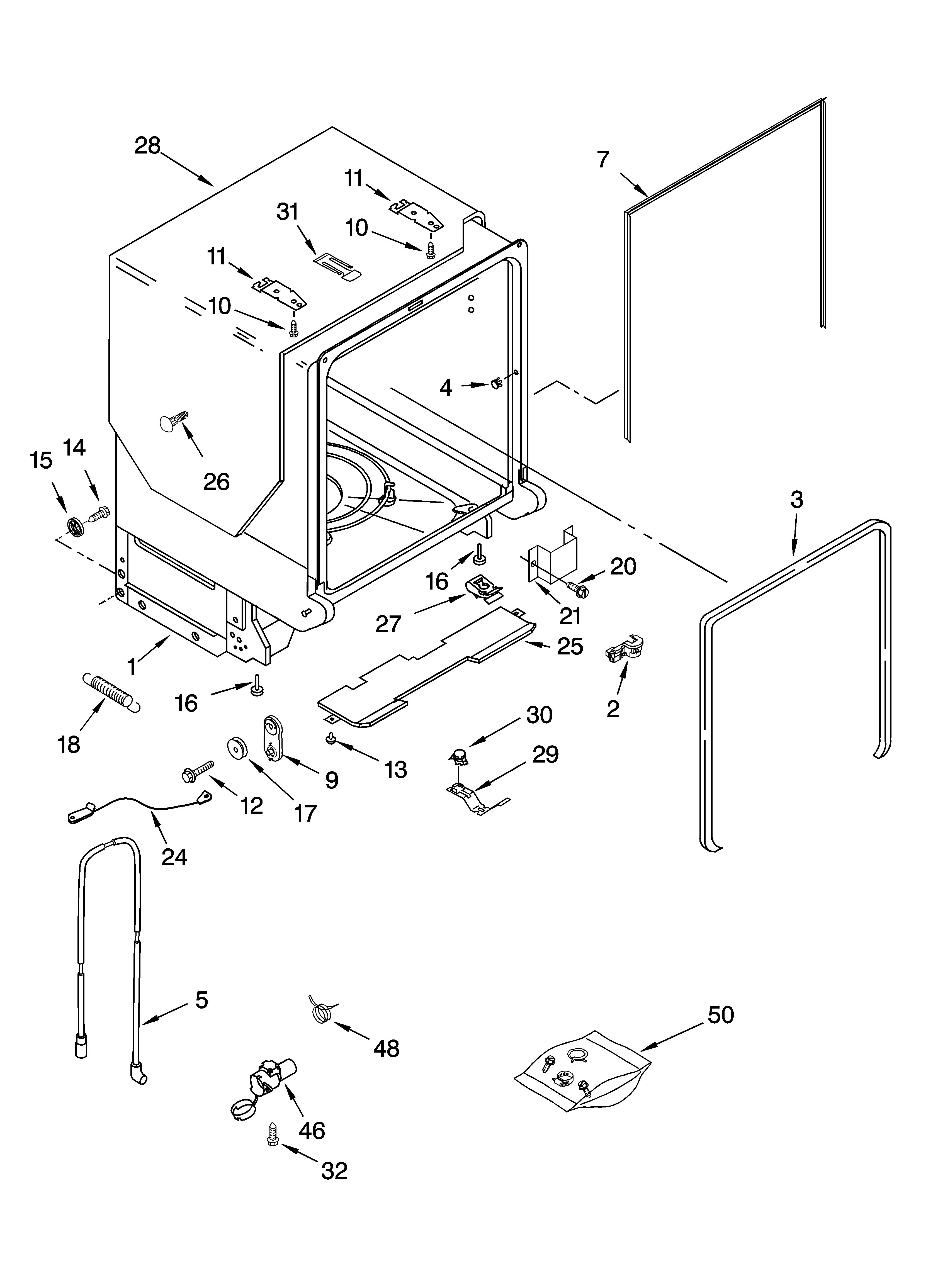 KitchenAid KUDS01DLWH7 tub and frame parts diagram
