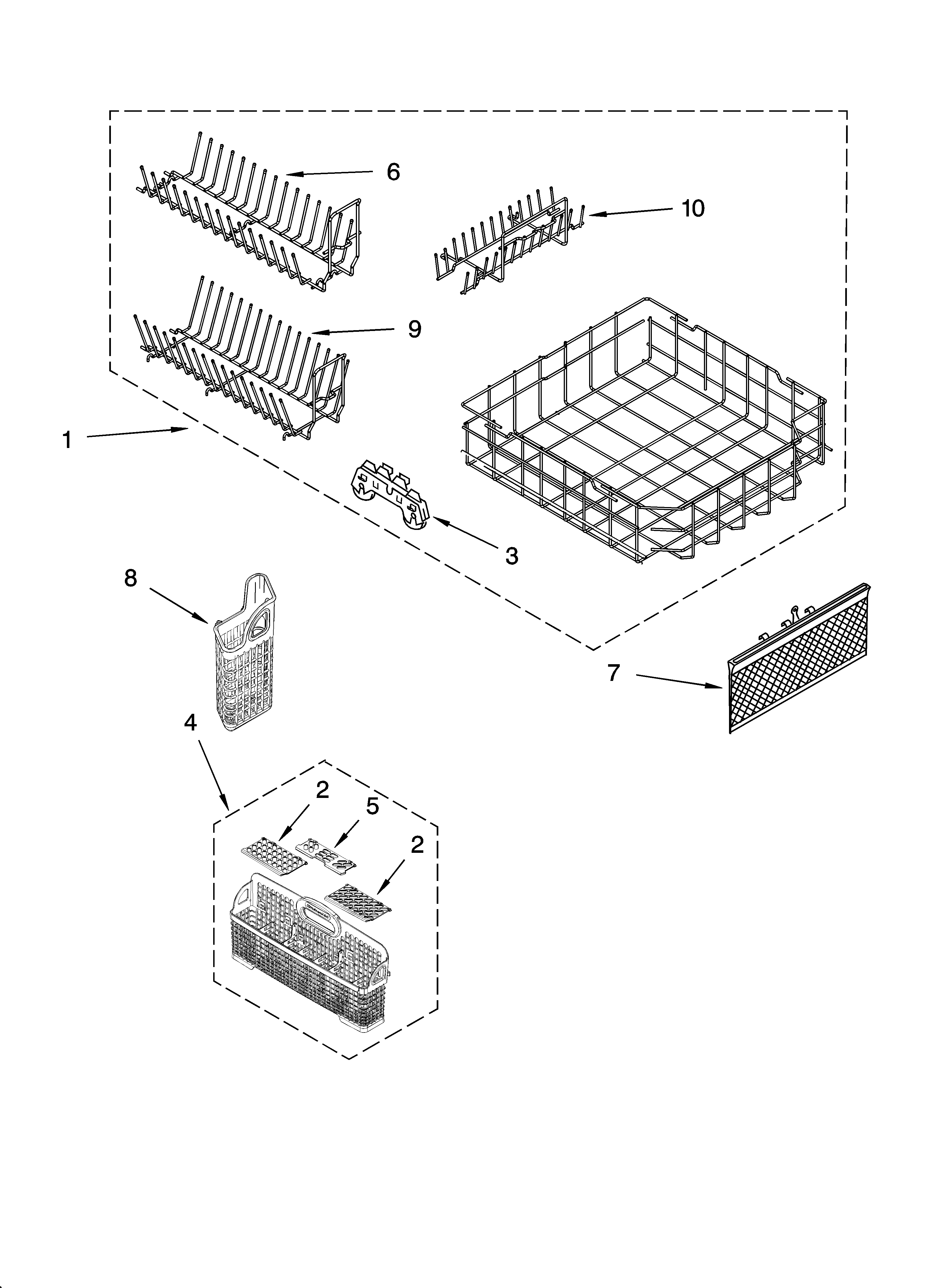 KitchenAid KUDS01DLWH7 lower rack parts, optional parts (not included) diagram